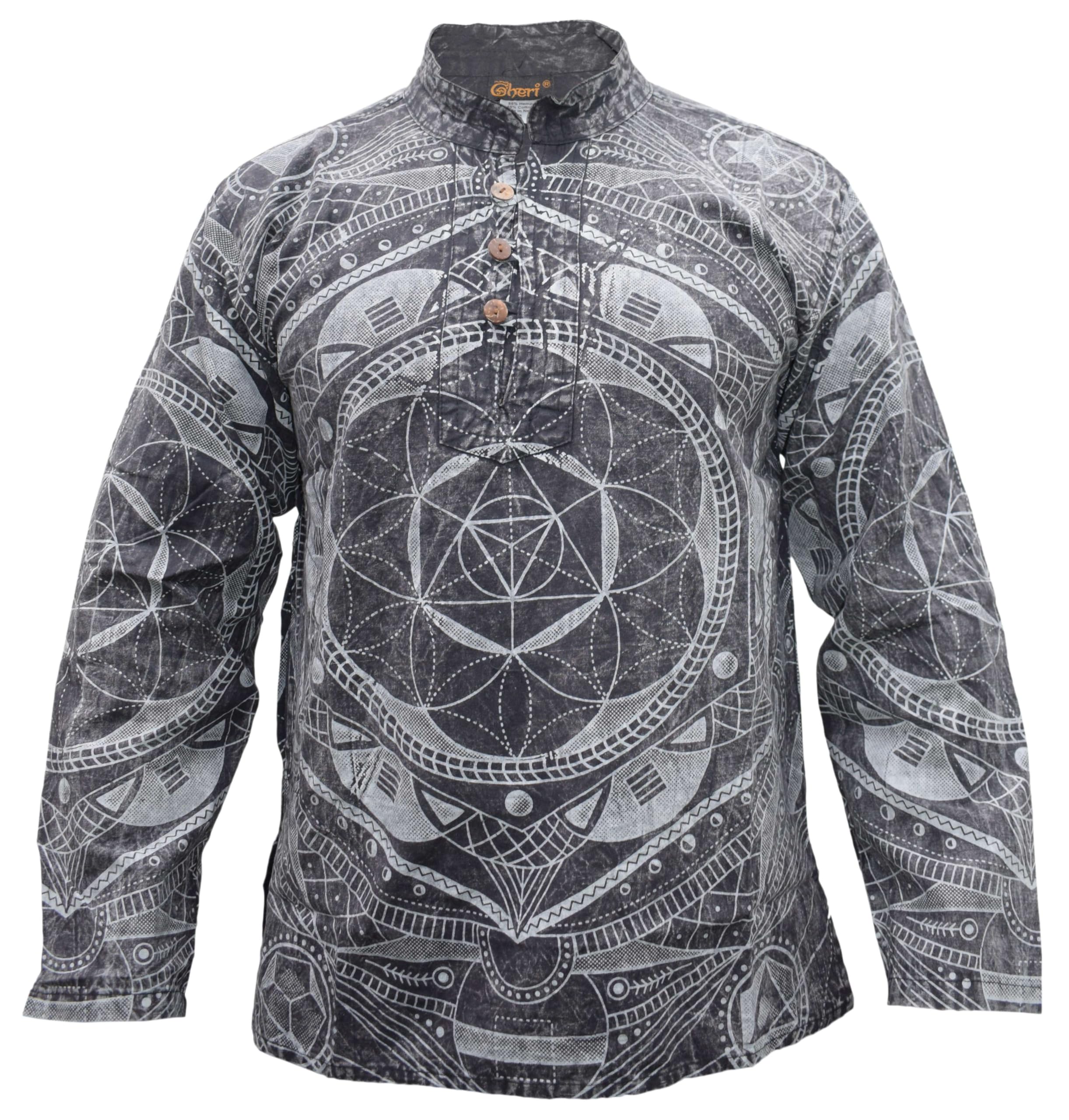 GheriMens Mandala Print Stone Washed Hemp Cotton Handmade Long Sleeve Meditation Grandad Shirt