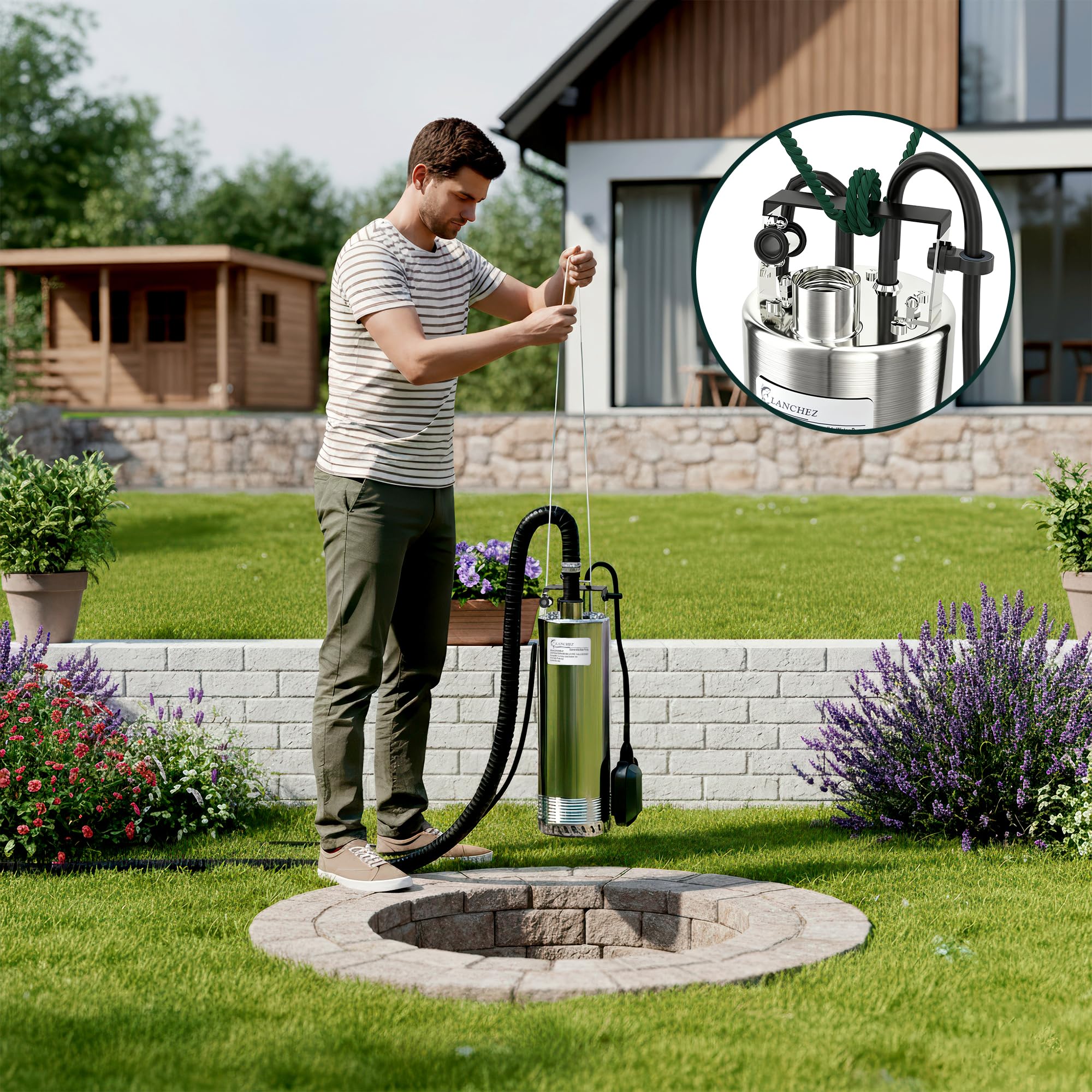 LANCHEZ 1500 W Tauchpumpe mit schwimmer, Tauchdruckpumpe mit 6800 l/h Fördermenge, Förderhöhe max. 60 m, Eintauchtiefe max. 16 m, Wasserpumpe für Keller, Landwirtschaft, Gartenbau