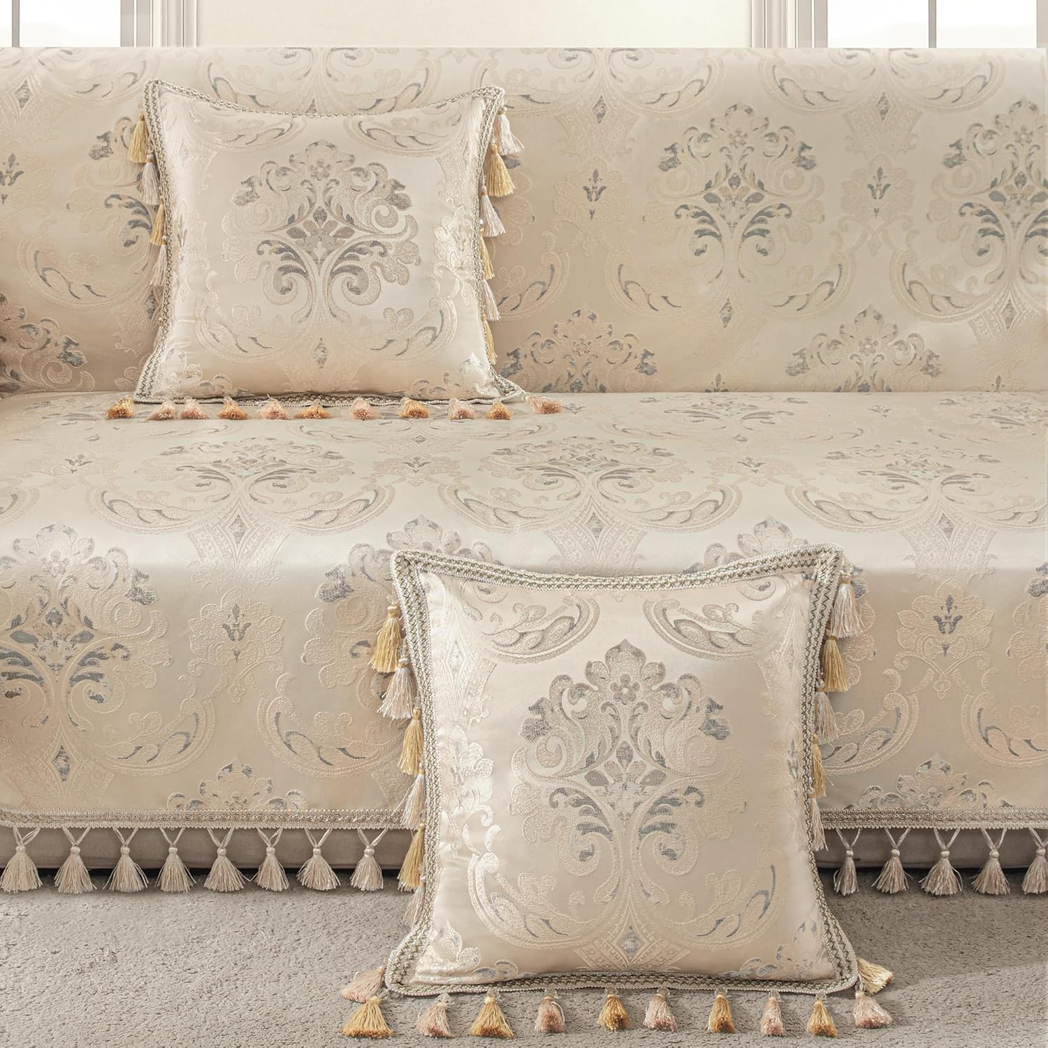 Loom and Mill Luxury Throw Pillow Cover 20 x 20 Inches 1 Piece, Jacquard Decorative Square Pillow Cover European Pillowcase with Lace Edge and Tassels for Bed Couch Sofa Car Home Decor, Light Apricot