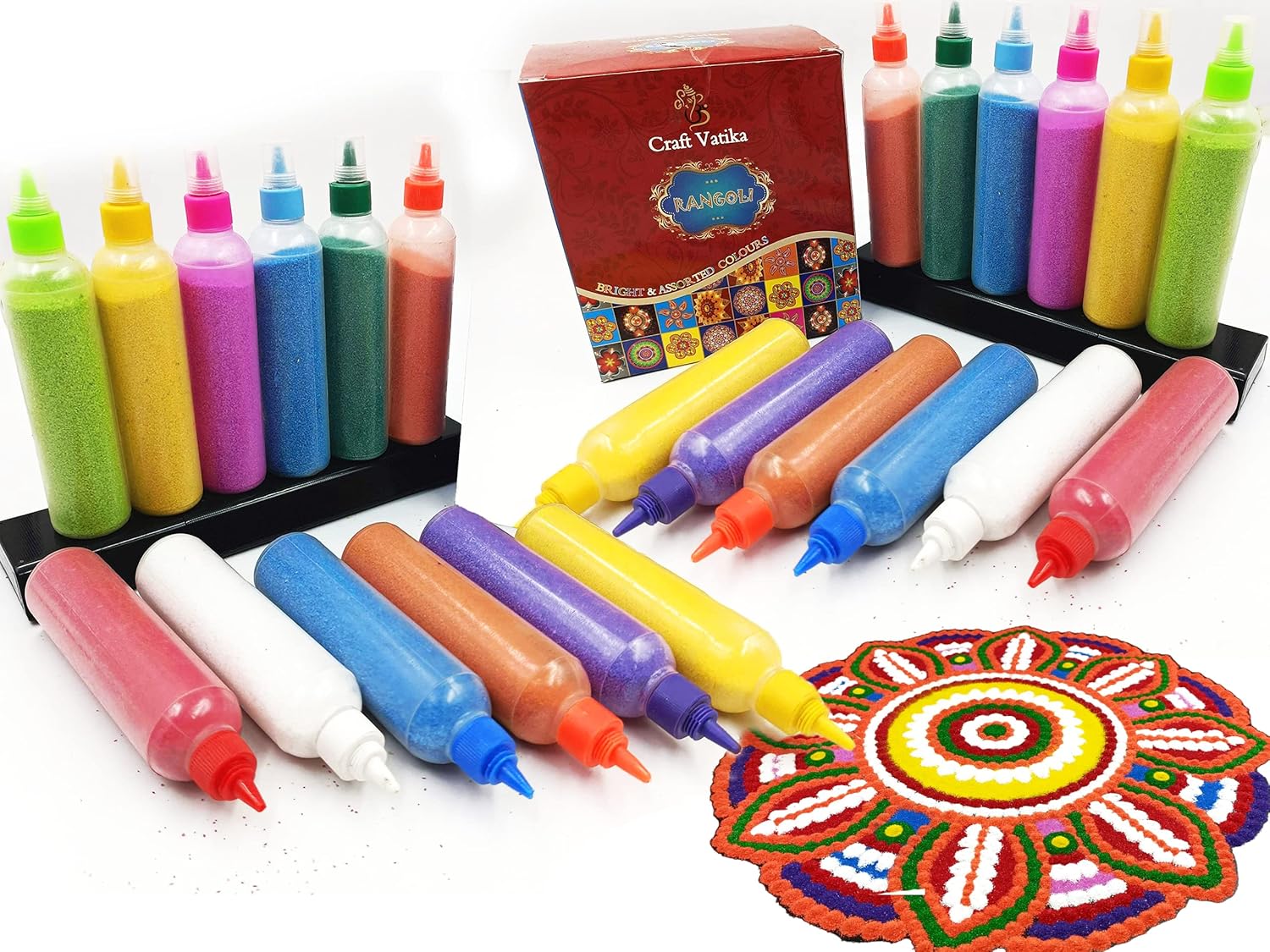 Samyuktha 24 Rangoli Colour Powder Tube Kit, Latest Design Diwali Decoration Items Bottles Tool Floor Art Rang for Home Navratri Pongal Pooja Mandir Decor (Pack of 12) (24 Count (Pack of 1))