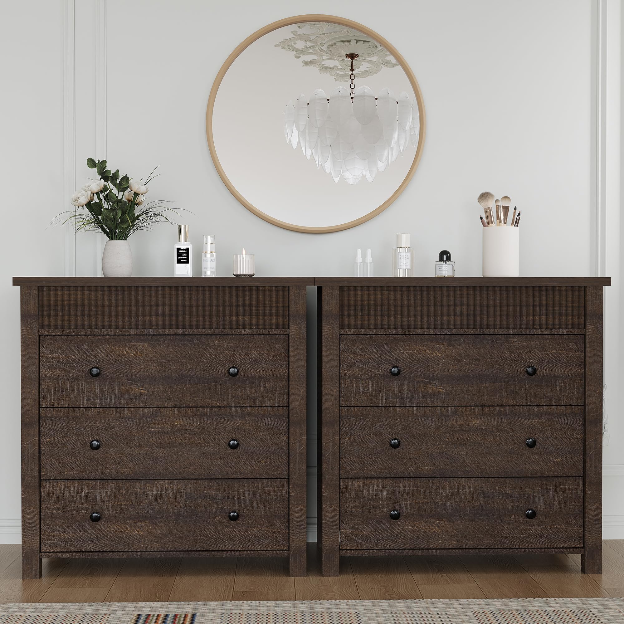 Zstar Moderne Kommode mit 3 Schubladen - Geriffeltes Holzdesign - Platzsparender Nachttisch/Beistelltisch mit Stauraum für Schlafzimmer, Wohnzimmer & Flur - Walnuss-Optik, Braunrot - 3 Schubladen