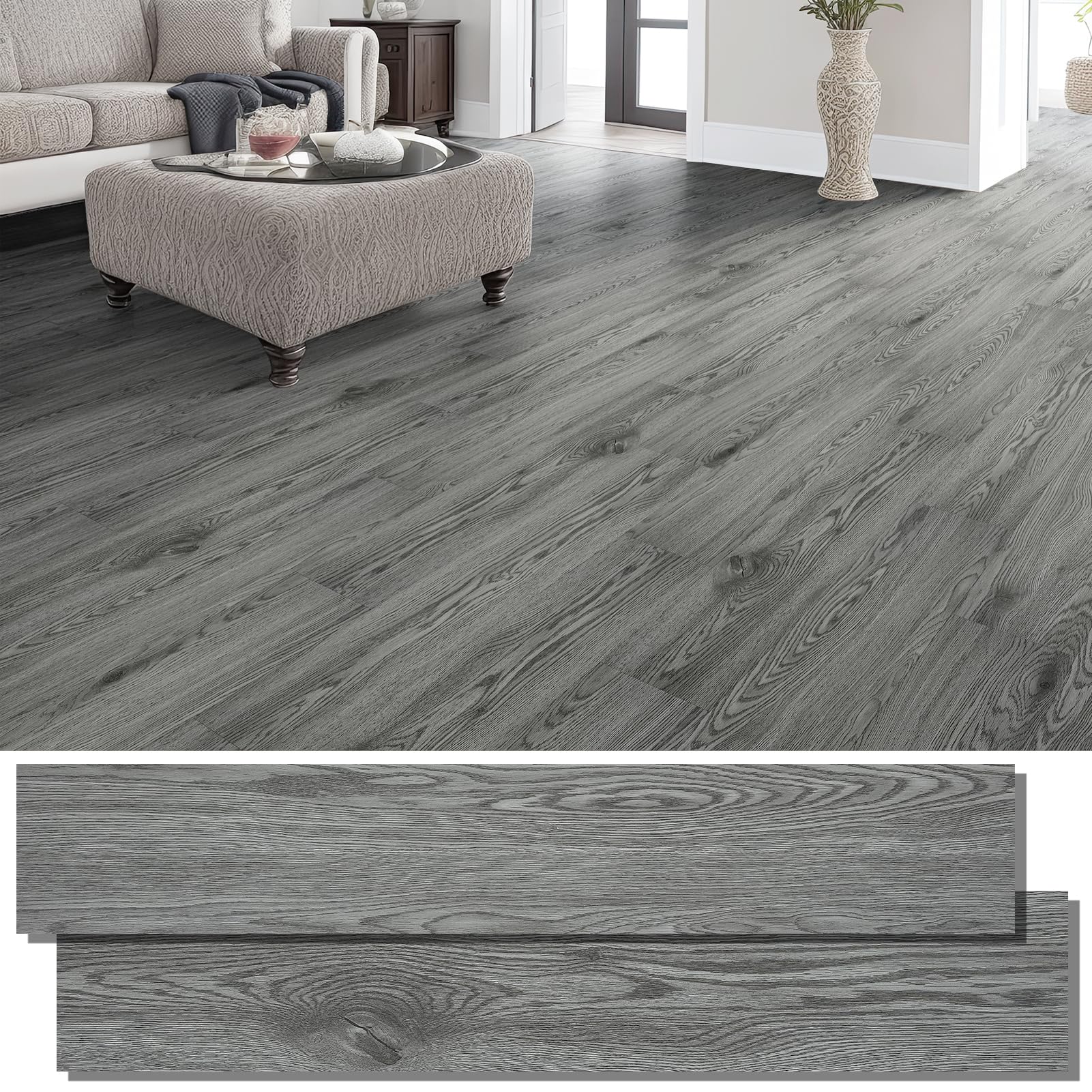Peel and Stick Floor Tile, INMOZATA Self Adhesive Vinyl Plank Flooring Tile Wood Grain Look 36-Pack 54 Sq.Ft Waterproof Tile Sticker for Bedroom, Living Room, Kitchen, RV(Gray)