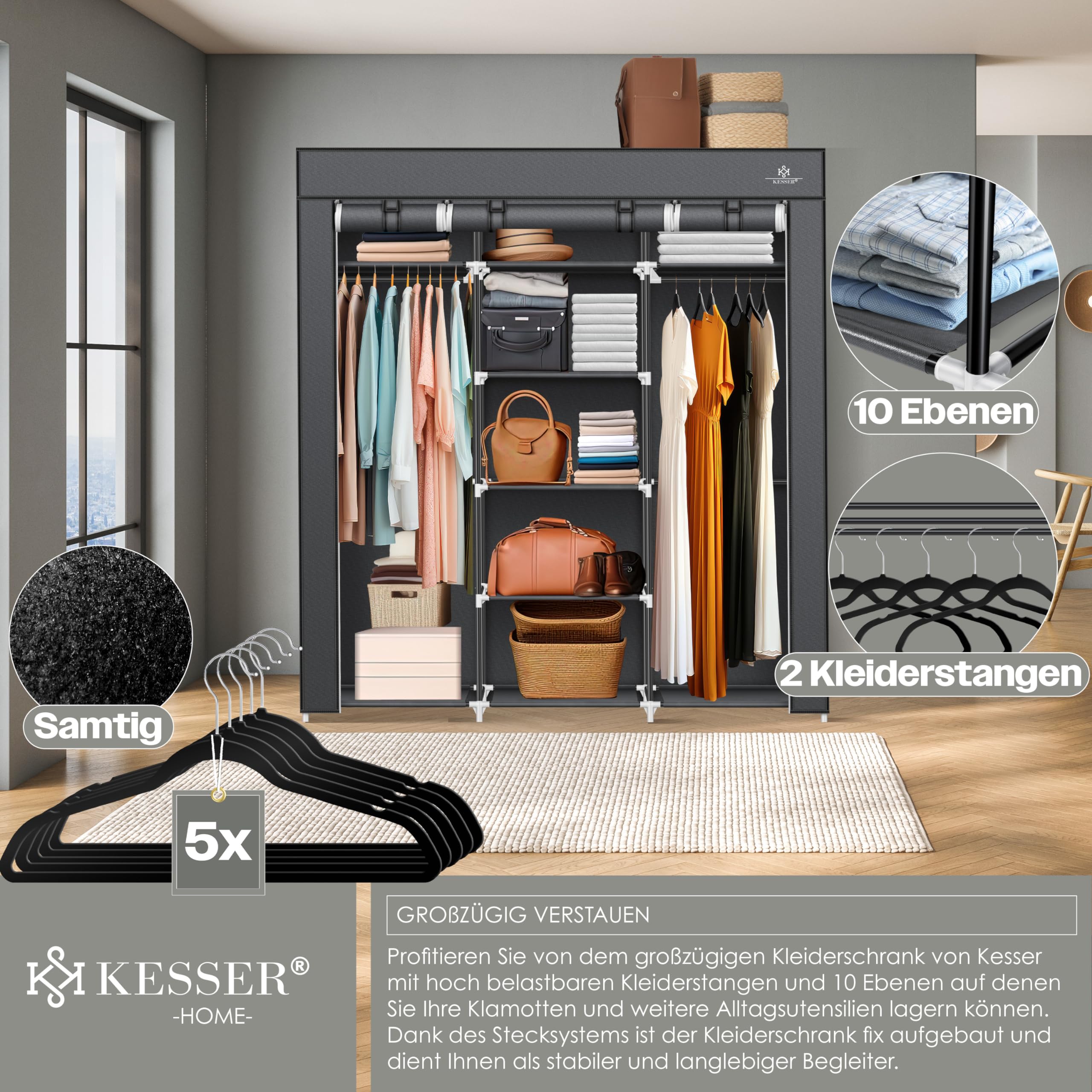KESSER® Kleiderschrank Stoffschrank Stabil mit Kleiderstange & Ablagen, Inkl. 5X Kleiderbügel, Stoff Faltschrank für Schlafzimmer, Ankleidezimmer Garderobe mit Kleiderständer 150x45x175cm Anthrazit