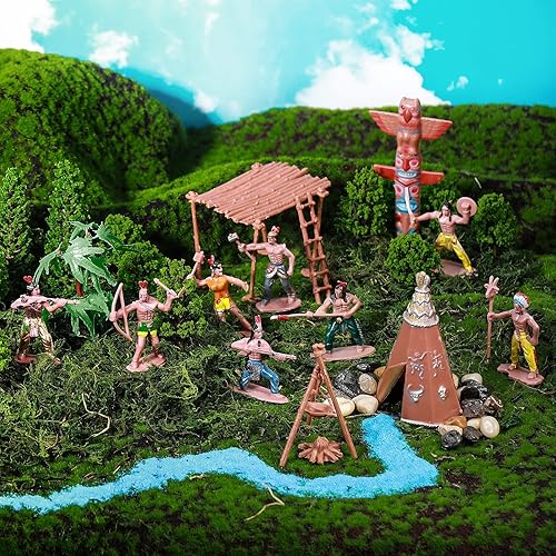 Miniatura 4 de Juego de 32 figuras de indios nativos americanos, figura de acción, diorama de vaqueros, personajes históricos, modelos, árboles, escena, kit de
