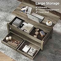 Vista 21 de Mesa Auxiliar, Mesa de Centro con Cajones y Compartimento Oculto, Mesa Central Retro con Tablero de Elevación de Madera, para Sala de Estar Espresso