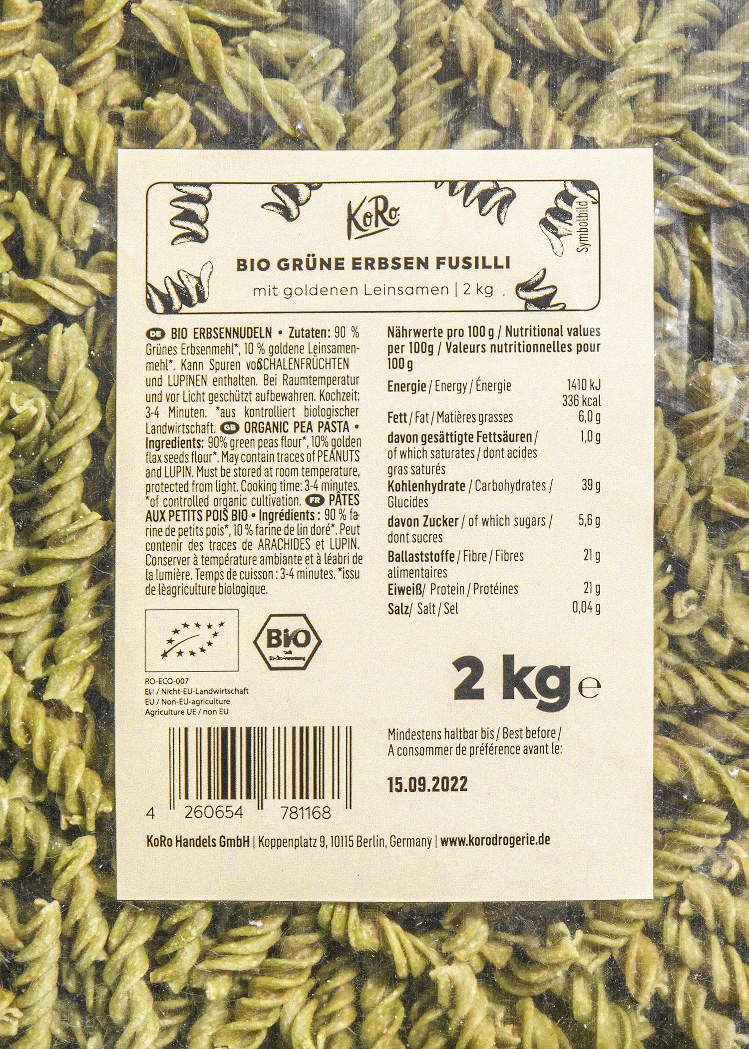KoRo - Bio Fusilli aus grünen Erbsen 2 kg - Pasta aus Erbsen- und Leinsamenmehl - Proteinreich - 2 kg-Großpackung