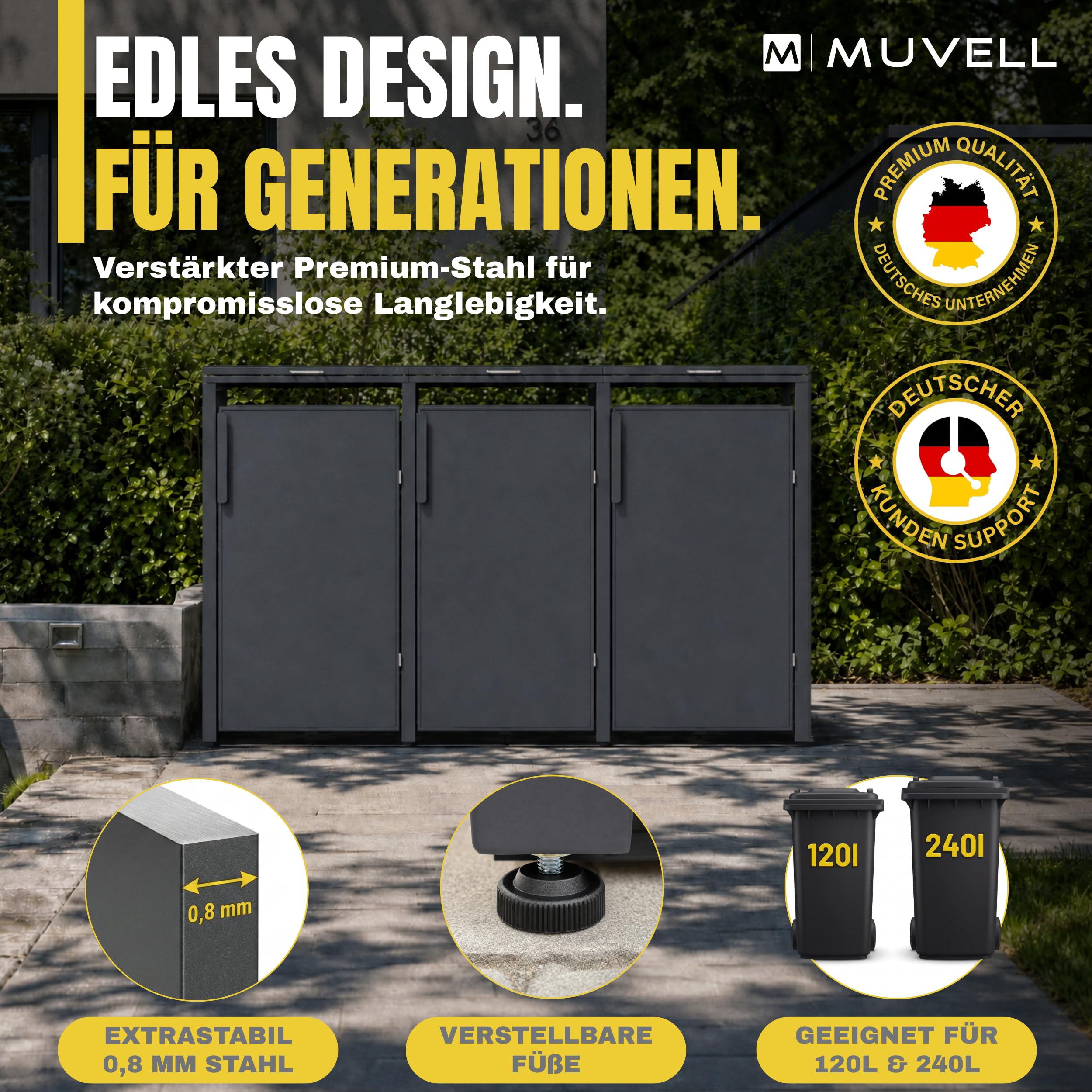 Mülltonnenbox 3er 240l & 120l Müllbox - 0,8 mm feuerverzinktes Metall - Eisenglimmer DB 703 Premiumfarbe Mülltonnenboxen - korrosionsbeständig wetterfest Mülltonnenverkleidung