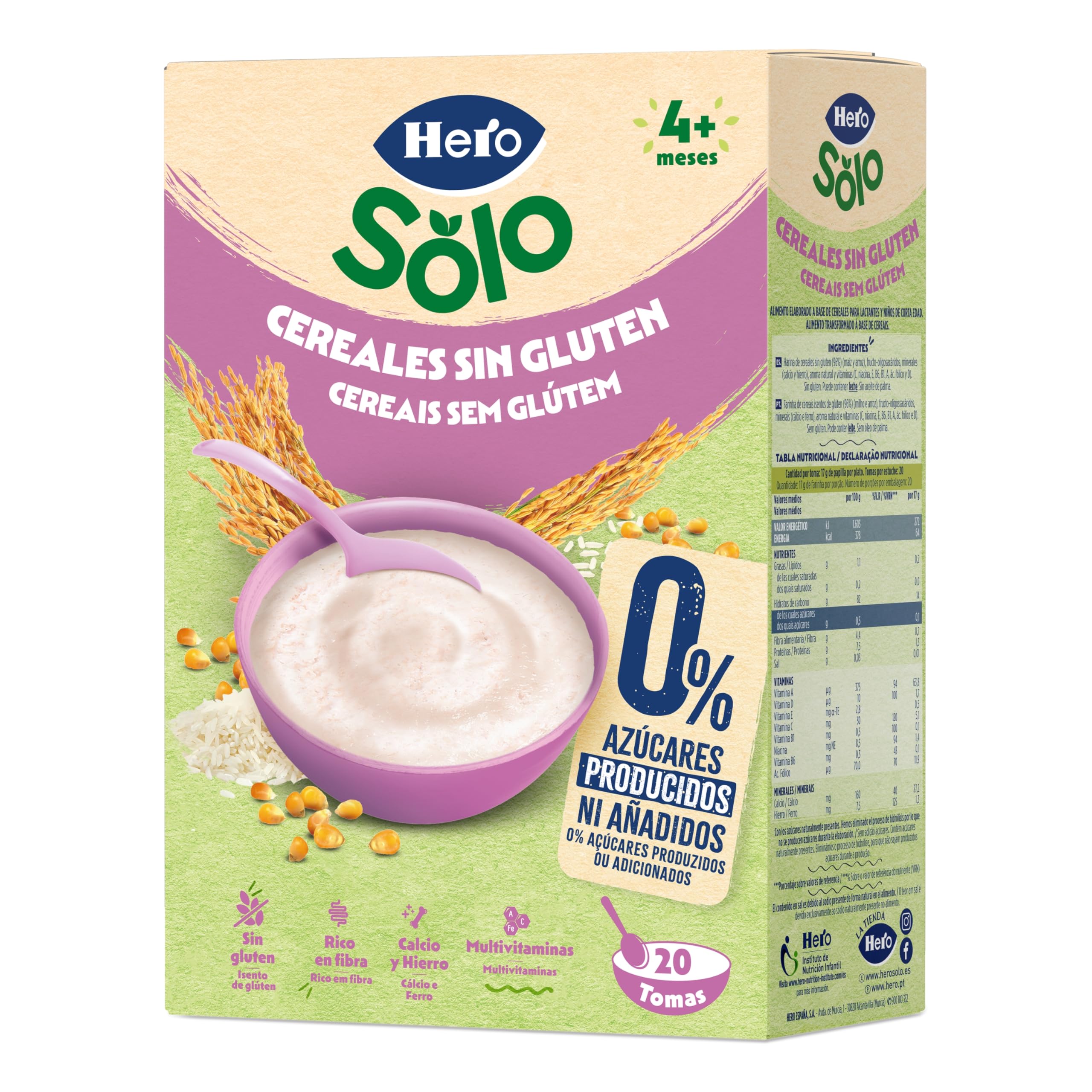 Hero Solo Papilla Cereales Sin Gluten ni Azúcares Añadidos, Rica en Fibras y Vitaminas, Sabor natural para Bebés, a partir de 4 meses