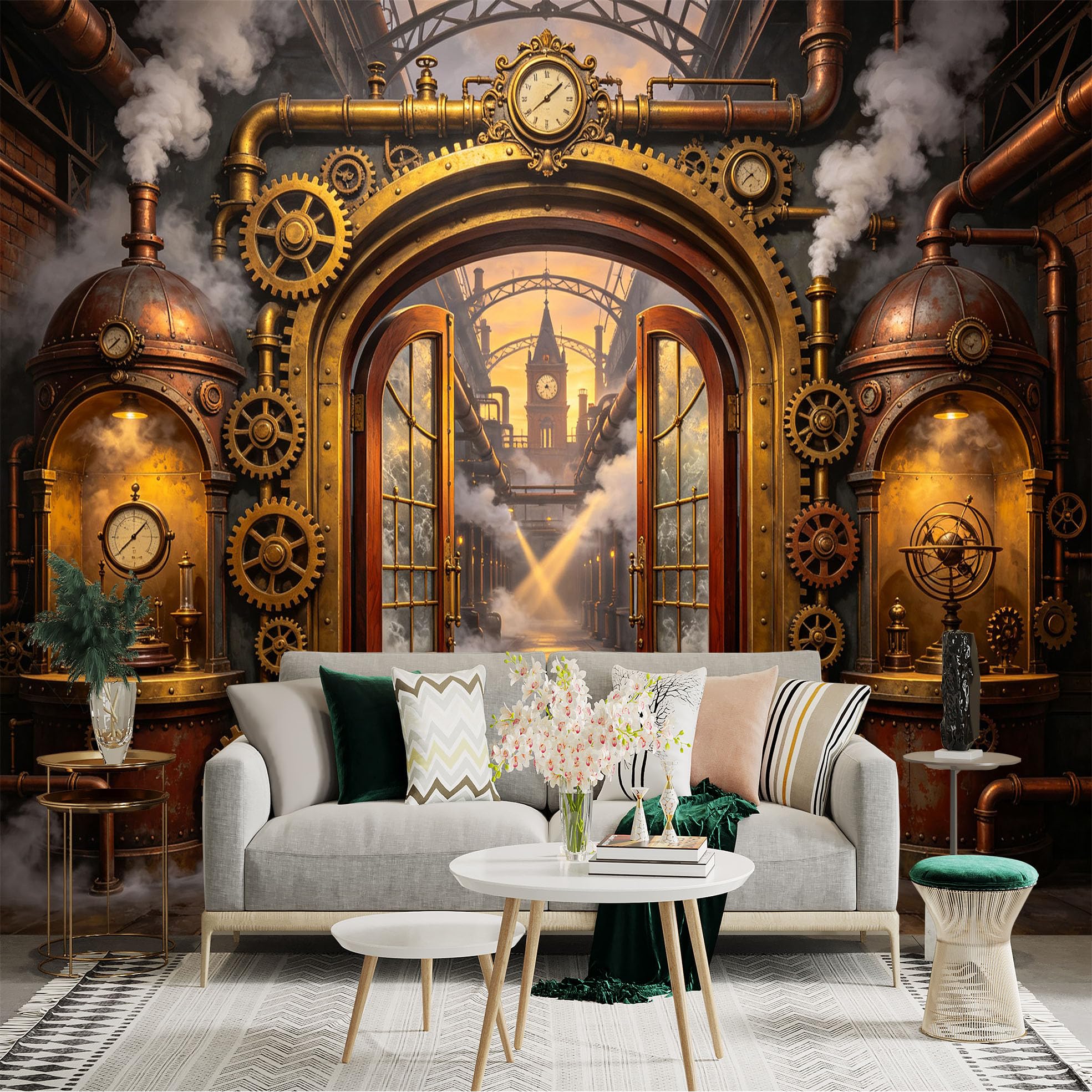 Custom Size Wall Sticker Mural， Steampunk Clockwork Factory with Gears and Steam Pipes， for wall Decoration， peelandstick wall Decals.