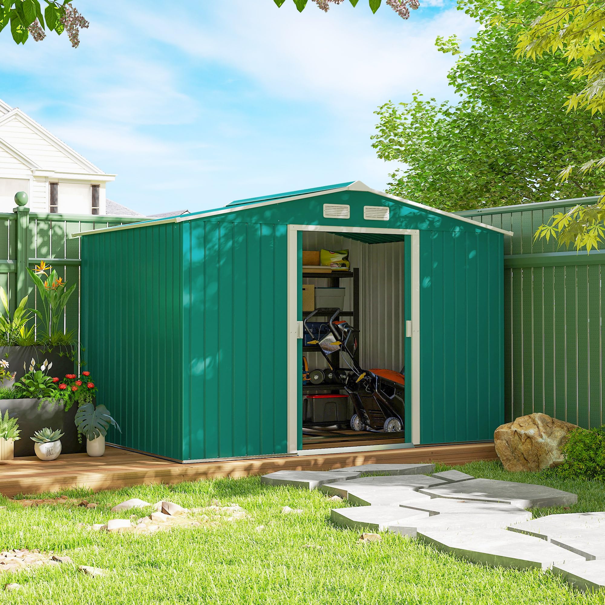 Outsunny 9' x 6' Garden Storage Shed with Foundation Kit, Metal Tool Storage House with Double Doors for Outdoor Patio Yard, Dark Grey — view 23
