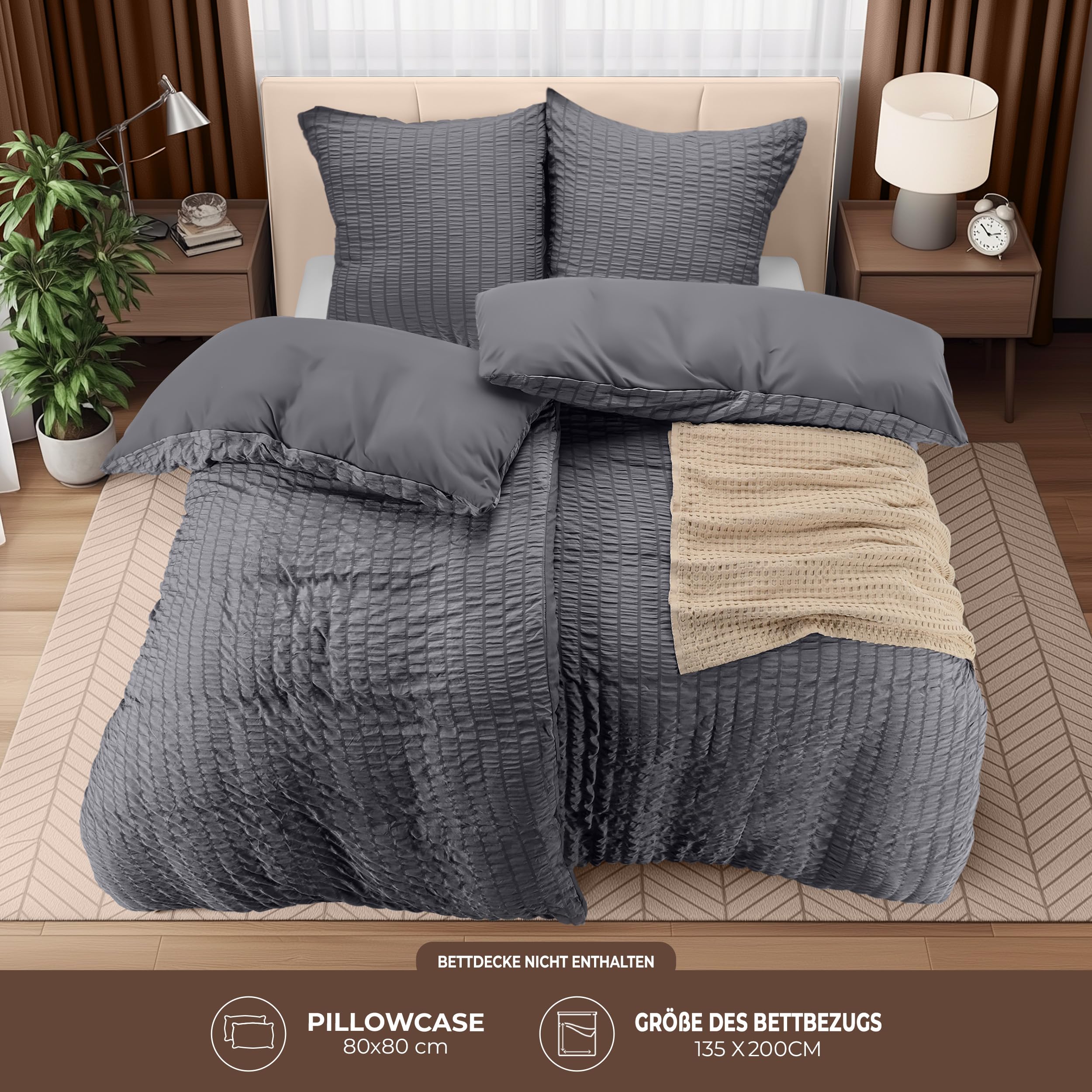Utopia Bedding Seersucker Bettwäsche 135x200 4teilig - Mikrofaser Polyester 2 Bettbezug 135x200 cm + 2 Kissenbezug 80x80 cm – Grau