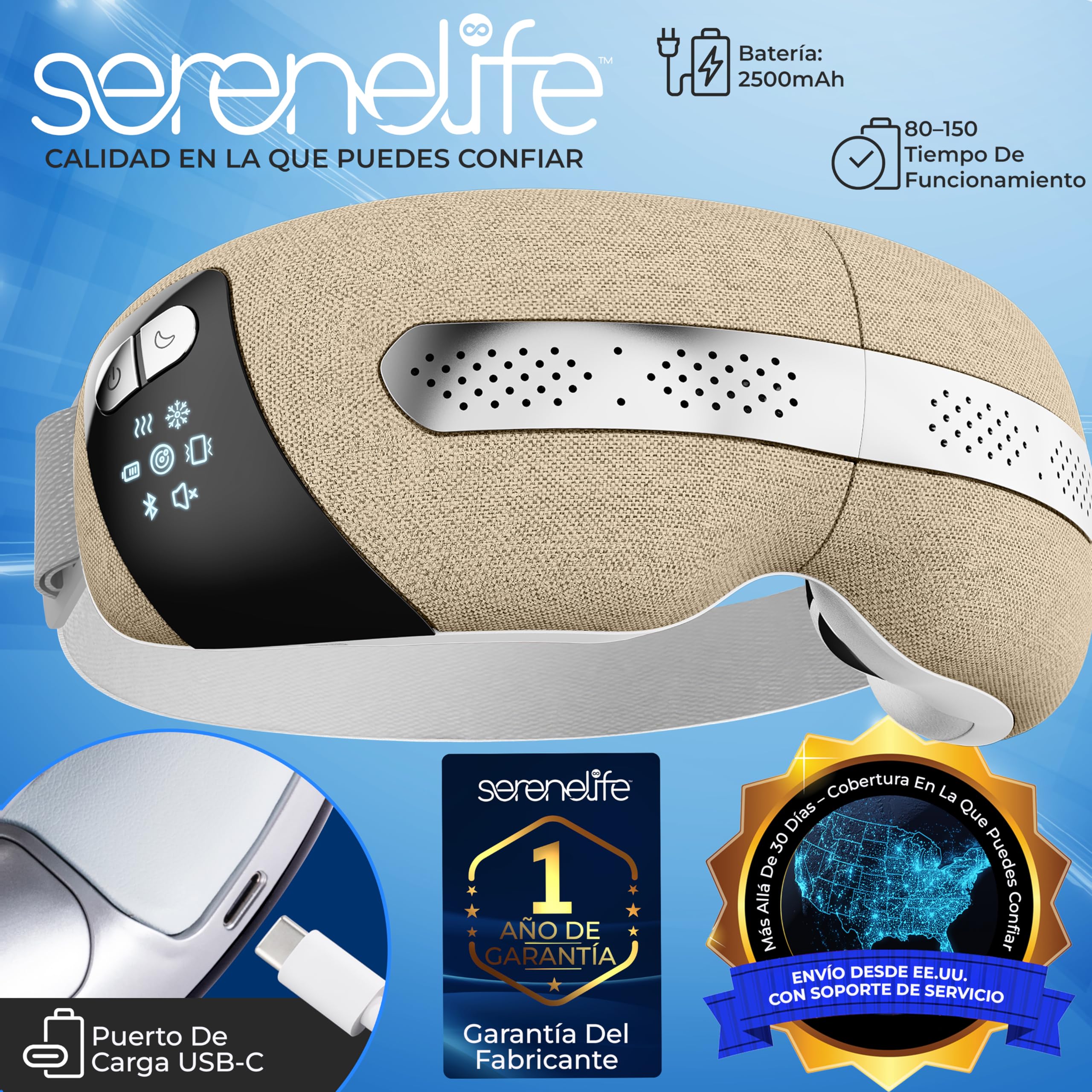 SereneLife masajeador de ojos con calor y enfriamiento, Compresión de aire y vibración, 5 modos de masaje, Música integrada, Gafas plegables, Inalámbrico y recargable para la relajación ocular