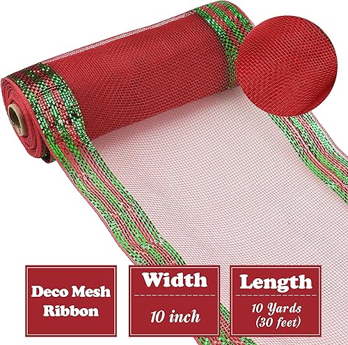 Miniatura 2 de HUIHUANG Malla decorativa verde y roja con rayas en el borde, cinta de malla grande de Navidad para árboles, suministros de fabricación de coronas,