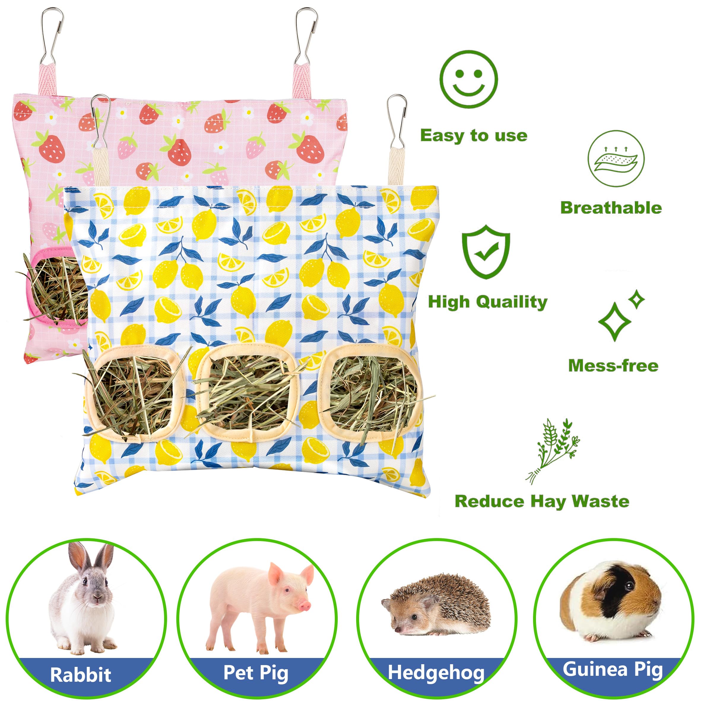 Lesnala 2pcs Bunny hay feeder Rabbit hay feeder bag Hanging guinea pig hay bag Large capacity cotton canvas fabric hay bag for Rabbits Bunny Chinchillas Hamsters and Other Small Pets(3 Holes,2 styles) - image 6