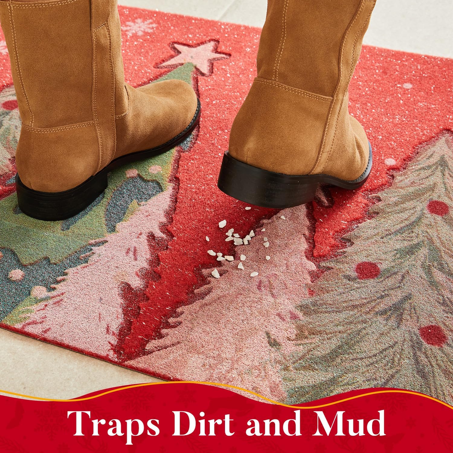 TYUU Christmas Doormat, Outdoor & Indoor Merry Christmas Door Mat, Christmas Tree Winter Holiday Door Mats for Front Door Outside Entrances, 24"x36", Red