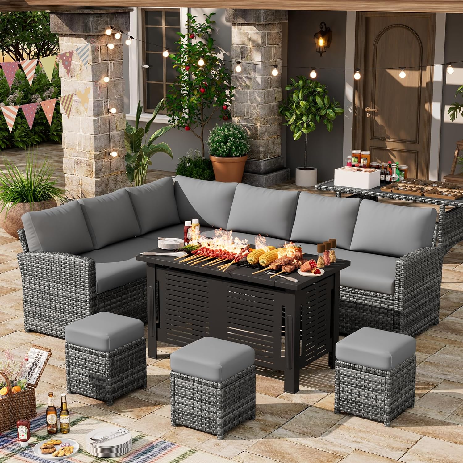 U-MAX 7 Pieces Patio Furniture Set with 43″ Fire Pit Table, Outdoor Sectional Sofa Conversation Set, All Weather Wicker Rattan Dining Table & Chair with Ottoman, Grey Rattan&Grey Cushion