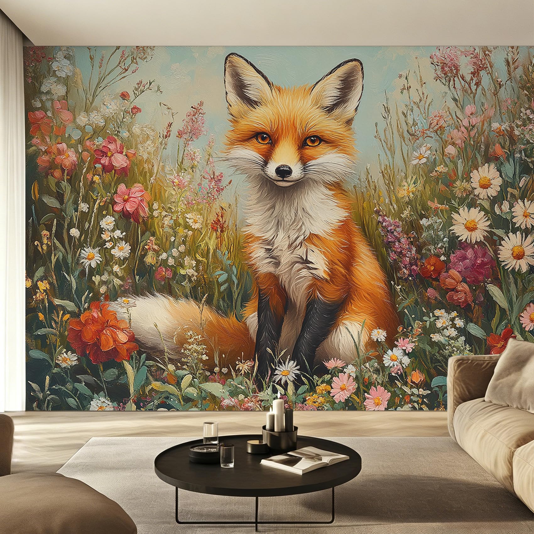 Papier peint renard panoramique pour masquer les défauts du mur salon