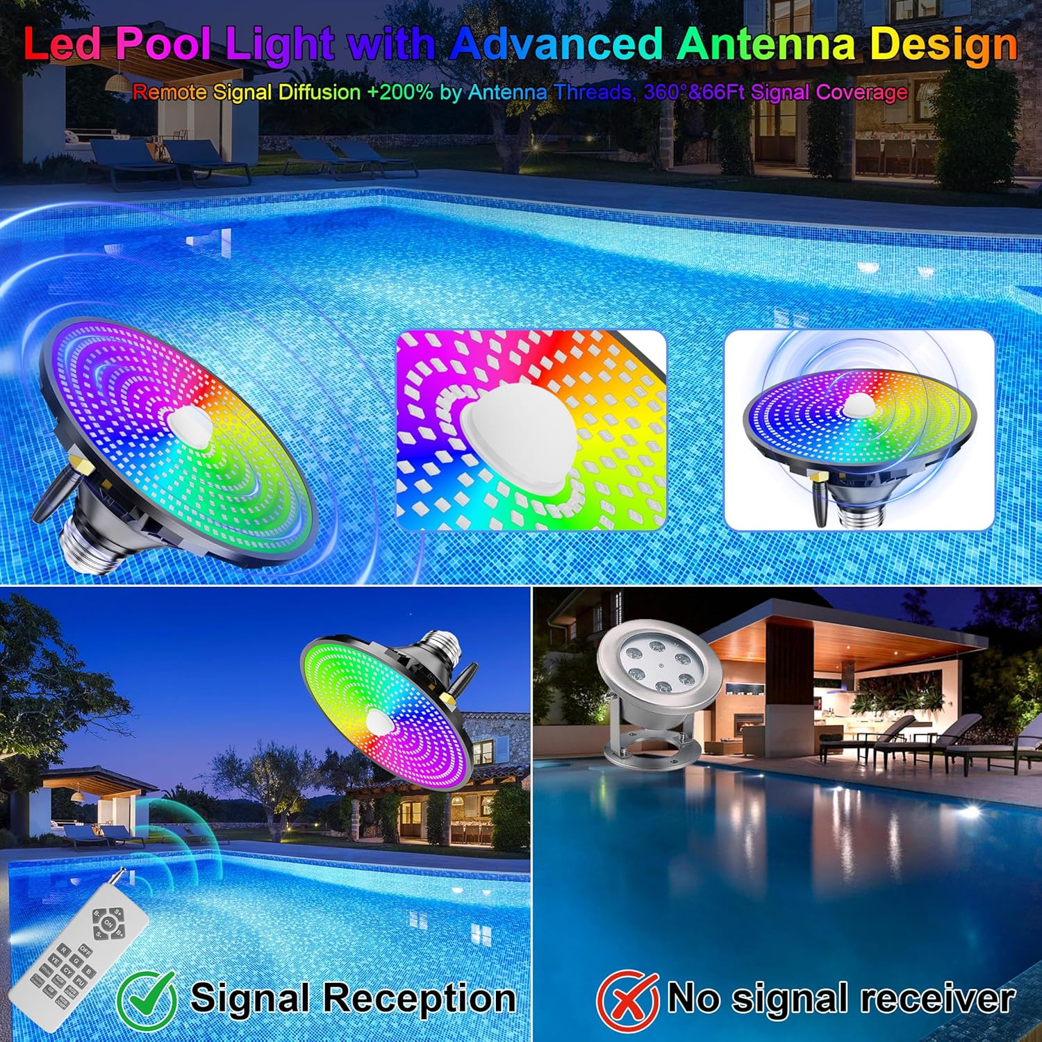 Pool Lights for Inground, LED Light Bulb for Above Ground Swimming Pool, LED Lights for Inground Pool, 120V Spa Light Bulb E26 Base, Multi-Color & Adjustable Brightness - Black 90W