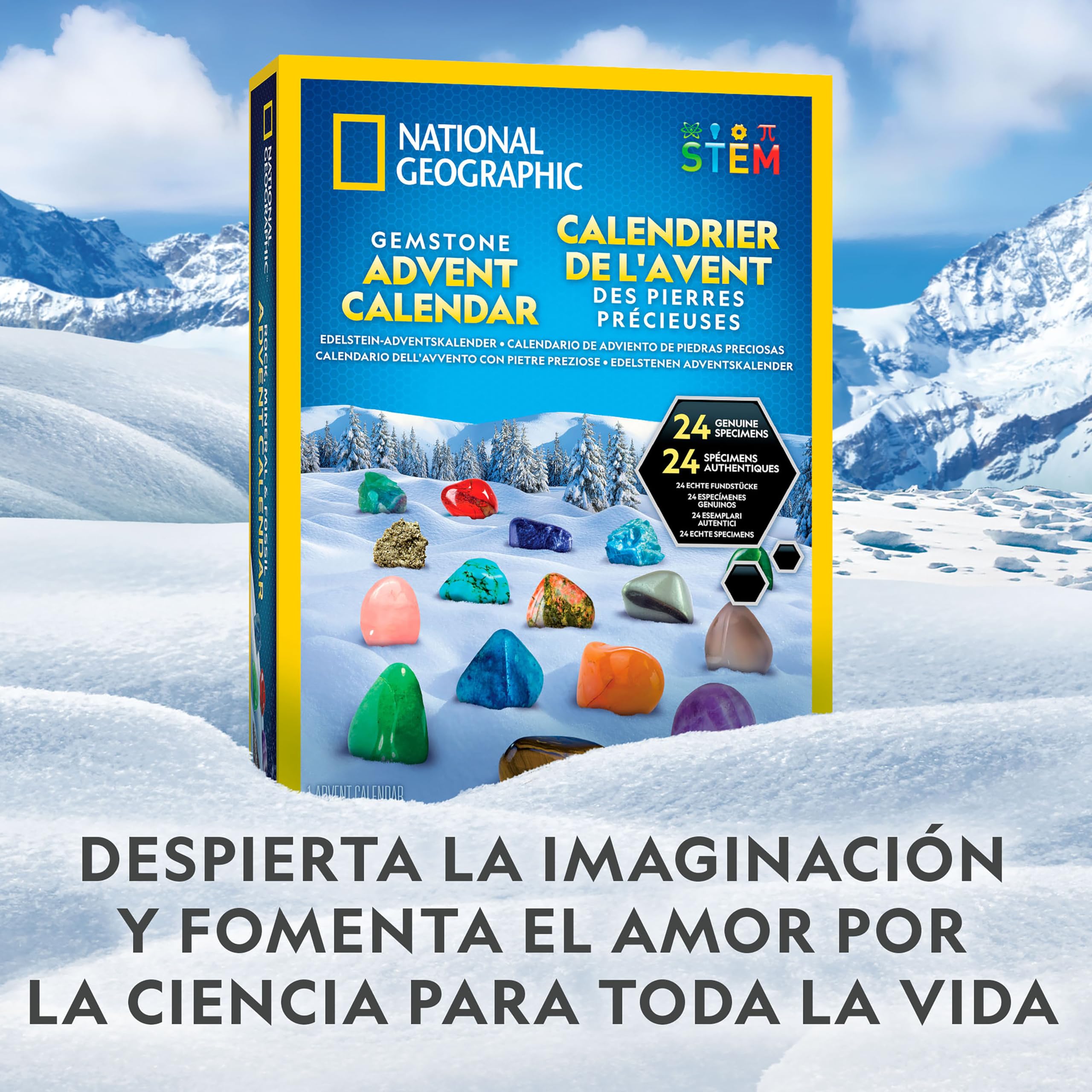 NATIONAL GEOGRAPHIC 2025 Calendario de Adviento de Gemas - Calendario para Niños con 24 Gemas para Abrir Cada Día, Colección de Rocas, Cuenta Atrás de Navidad con Mini Kit de Excavación de Gemas