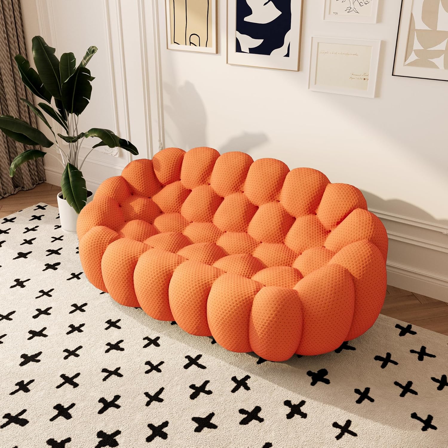 78.74'' Bubble Sofa, Curved Loveseat Couch, Comfy Upholstered Mesh Fabric Floor Sofa, 3D Honeycomb Shape Modern Couches for Living Room, Apartment, Small Space (Orange, 2 Seater)
