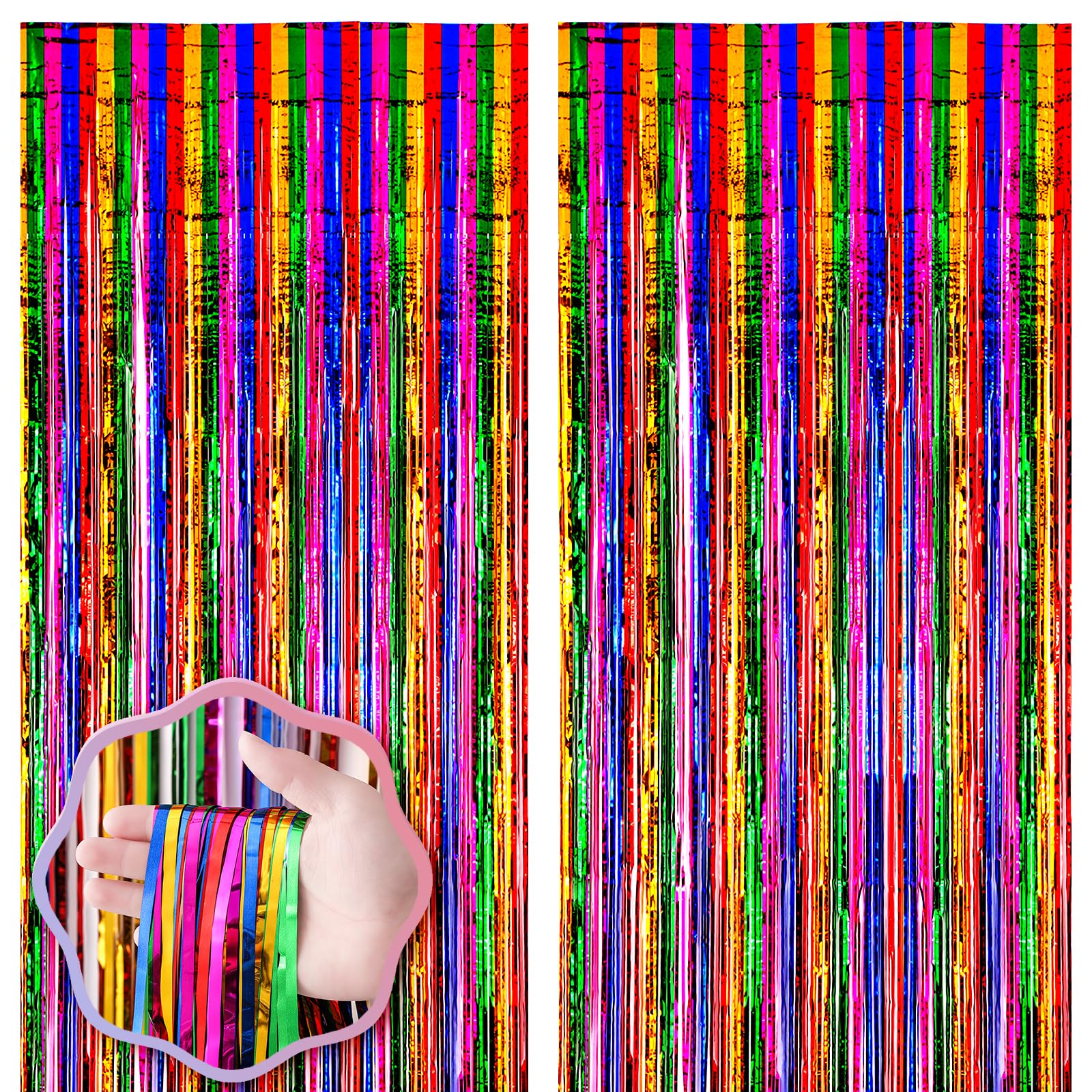 Voircoloria 2 Pack 3.3x8.2 Feet Rainbow Foil Fringe Backdrop Curtains, Tinsel Streamers Birthday Party Decorations, Fringe Backdrop for Graduation, Baby Shower, Gender Reveal, Disco Party