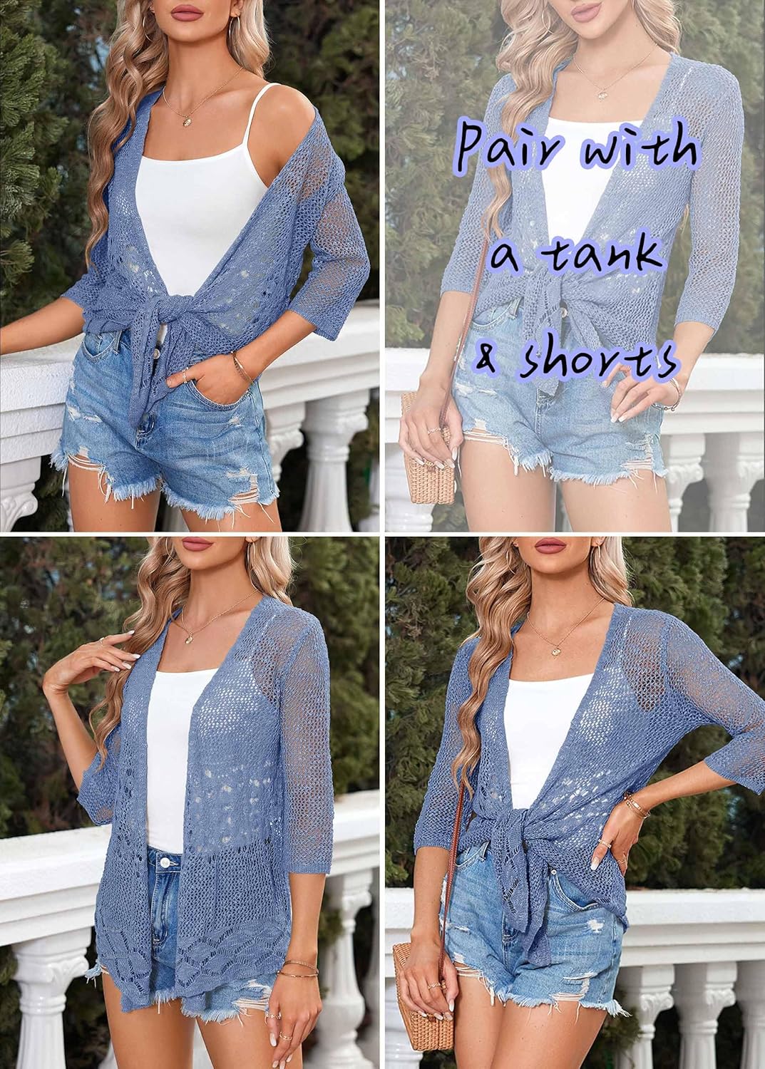 Nulibenna Womens Sheer Shrug Sweaters 3/4 Sleeve Open Front Tie Cardigan Bolero Jacket Lightweight Crochet Knit Cover Up Tops - Image 6