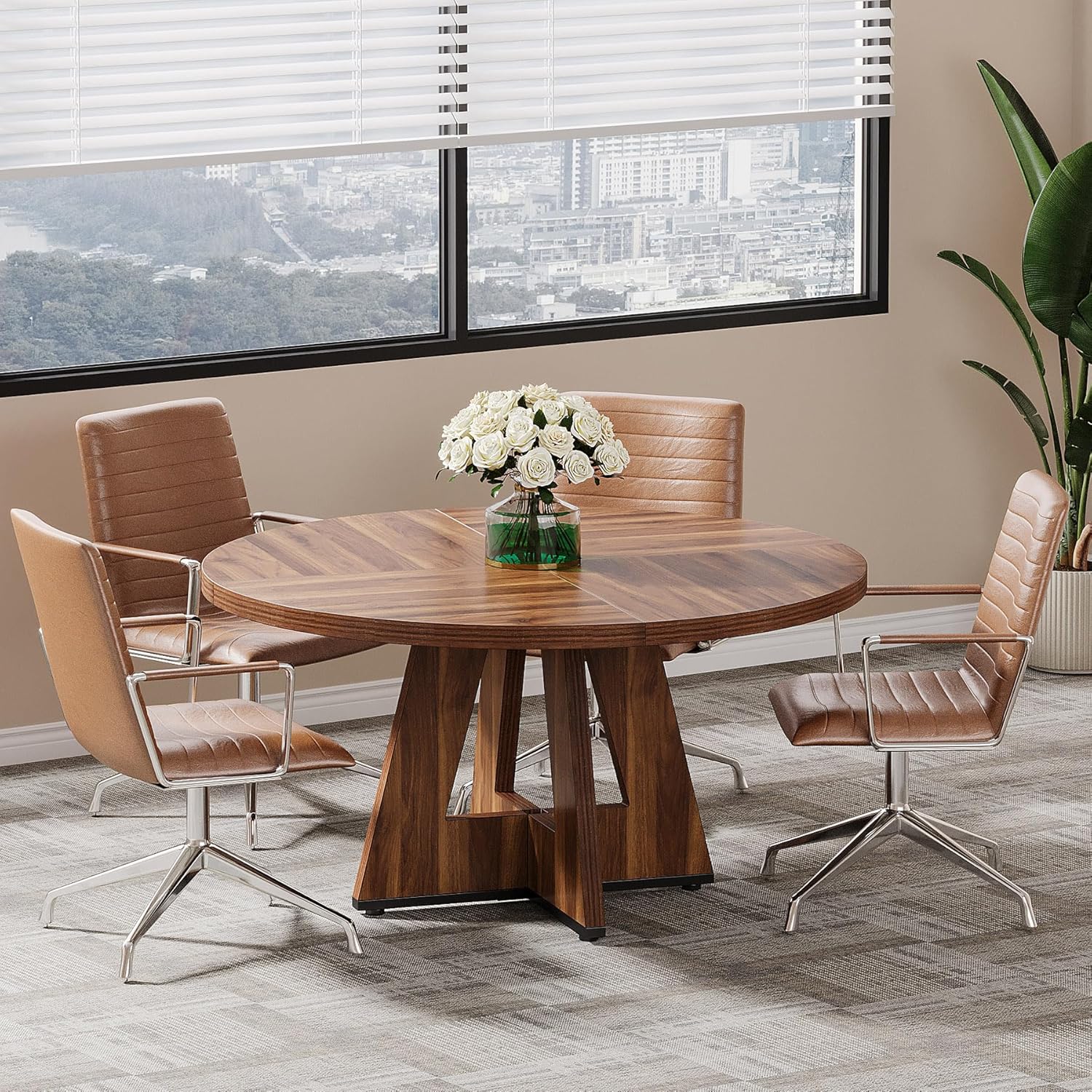 Tribesigns 47-Inch Round Conference Table for 4-6 People, Wooden Meeting Room Table with Thicken Tabletop and Wood Base (Walnut)