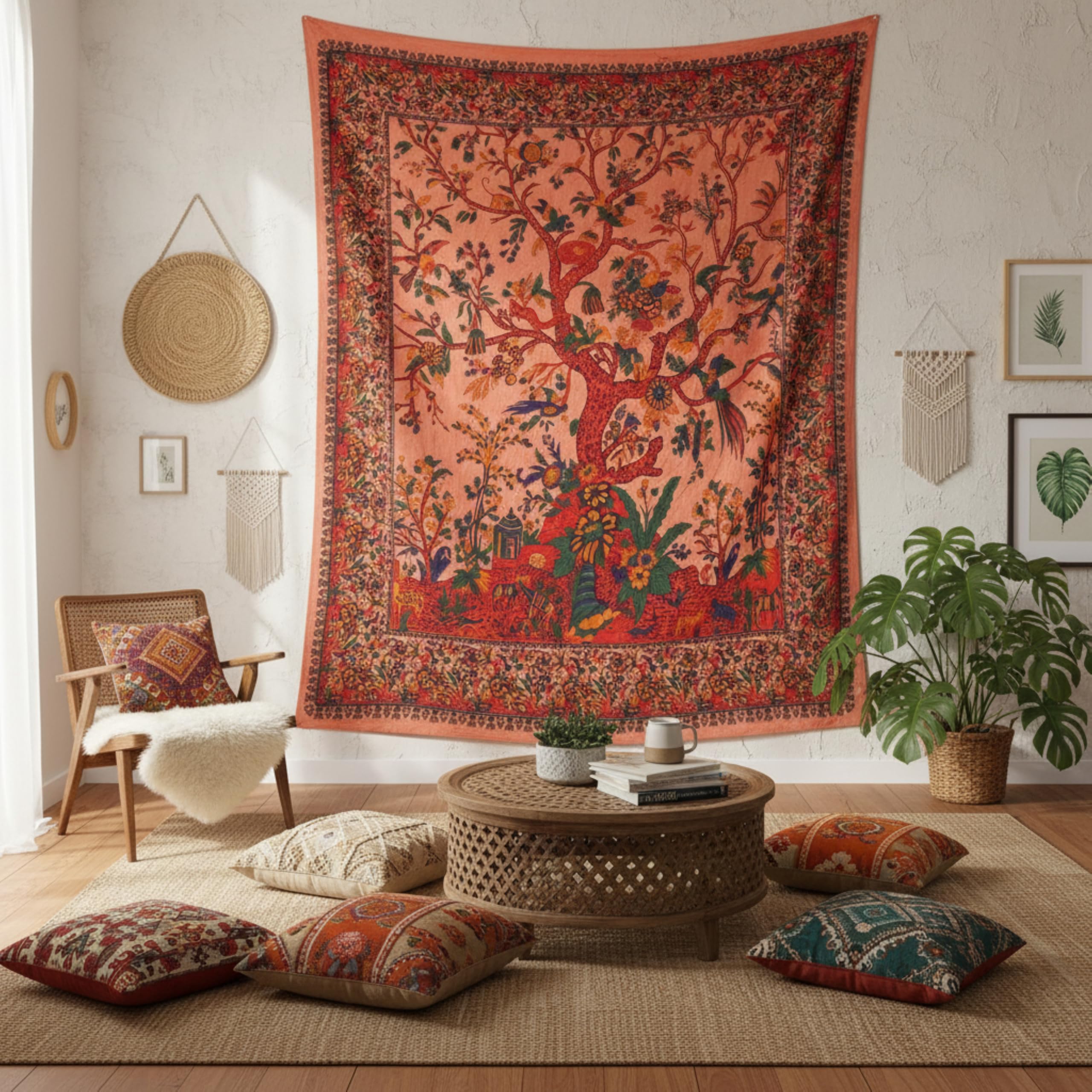 Craft Trade Orange Arbre Tapisserie Indien Tissu Mural Tapestry Tenture Murale Tapisseries Bohème pour Décor Maison Salon et de la Chambre à Coucher- 137 x 213 cm