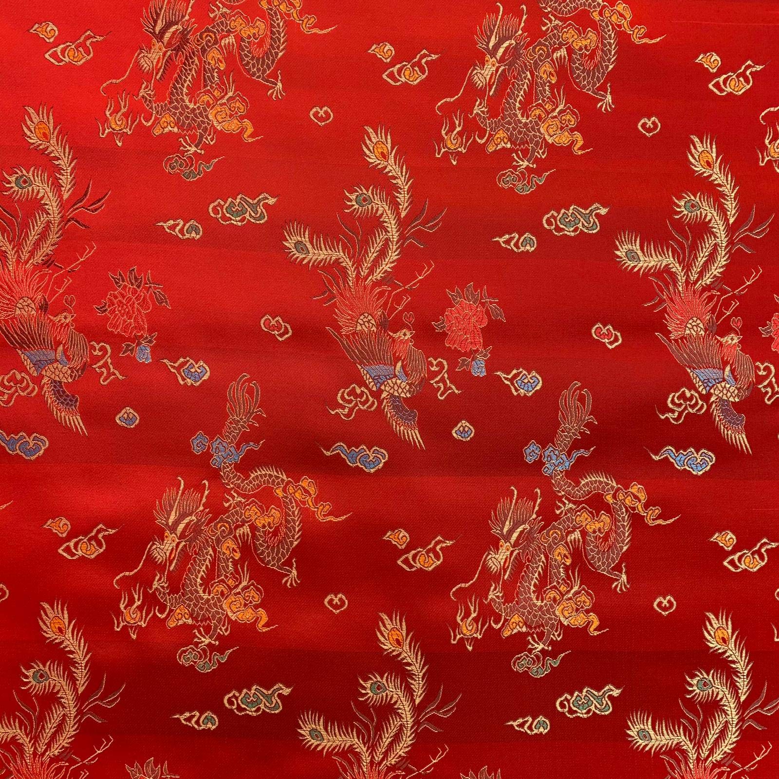 Brocade Chinese Dragon Embroidered Silky Satin Oriental Craft Dress Fabric Material | 36" - 90cm Wide | Sold Per Metre (Red)