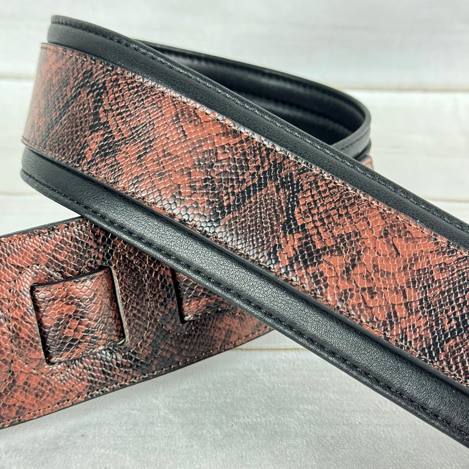 Walker & Williams SF-05 Dark Brown Guitar Strap Scaled And Textured Snakeskin Pattern with Snakehead & Glove Leather Padded Back For Acoustic, Electric, And Bass Guitars