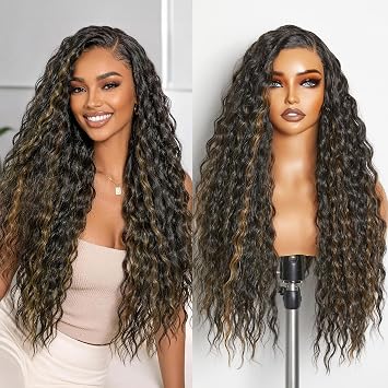 GORGIUS Highlight Glueless Deep Curly Lace Front Wig Bohemian Synthetic Curly Wig Pre Cut Side Part Closure Wigs with Natural Hairline 28 Inch Black Mix Brown Long Wig For Women
