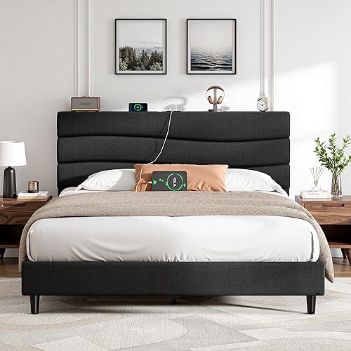 Miniatura 12 de EnHomee Base de cama tamaño Queen, base de cama Queen tapizada con estaciones de carga, cabecera de almacenamiento ajustable, dormitorio,