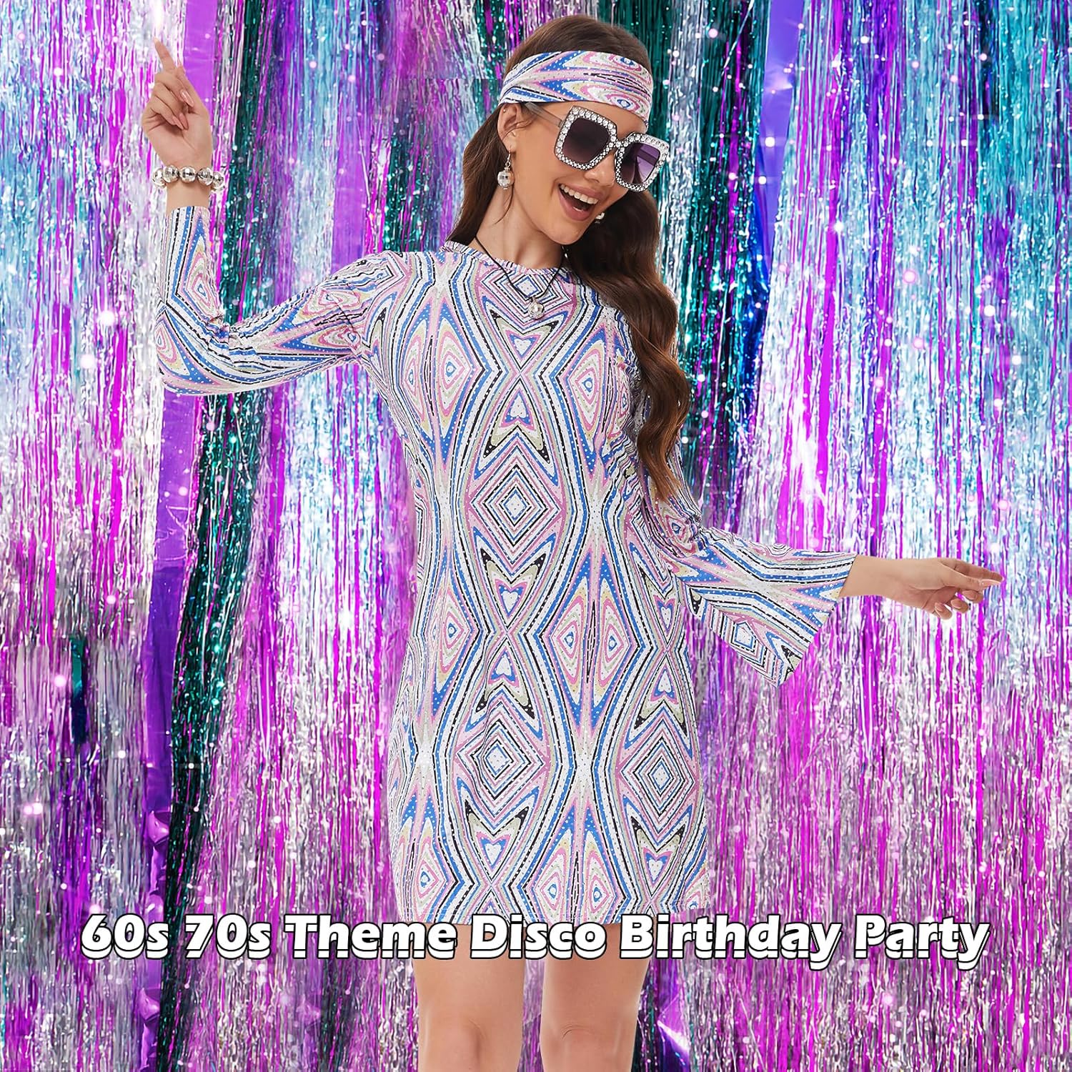 70s Women Disco Dress Hippie Costumes Necklace Earrings Glasses, 60's 70's Birthday Outfits, 1970s Prom Bling Dress - Image 2
