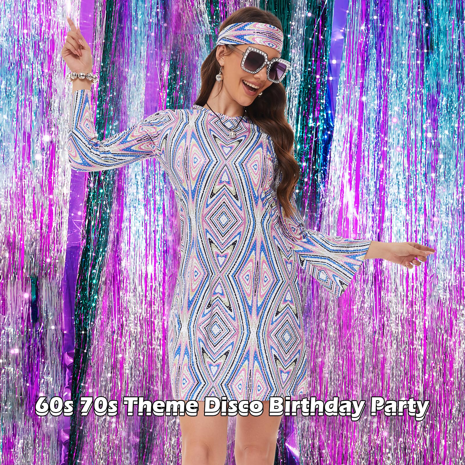 70s Women Disco Dress Hippie Costumes Necklace Earrings Glasses, 60's 70's Birthday Outfits, 1970s Prom Bling Dress