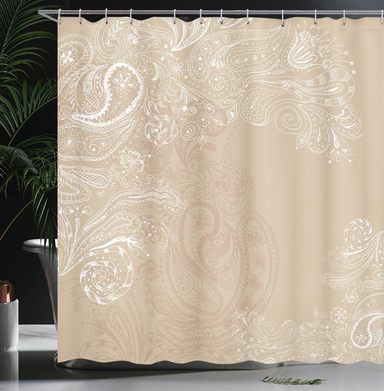 Ambesonne Beige Shower Curtain, Hand Drawn Swirling Floral Motifs Antique Eastern Blossoms Indigenous Nostalgic Bohemian, Cloth Fabric Bathroom Decor Set with Hooks, 69" W x 84" L, Beige