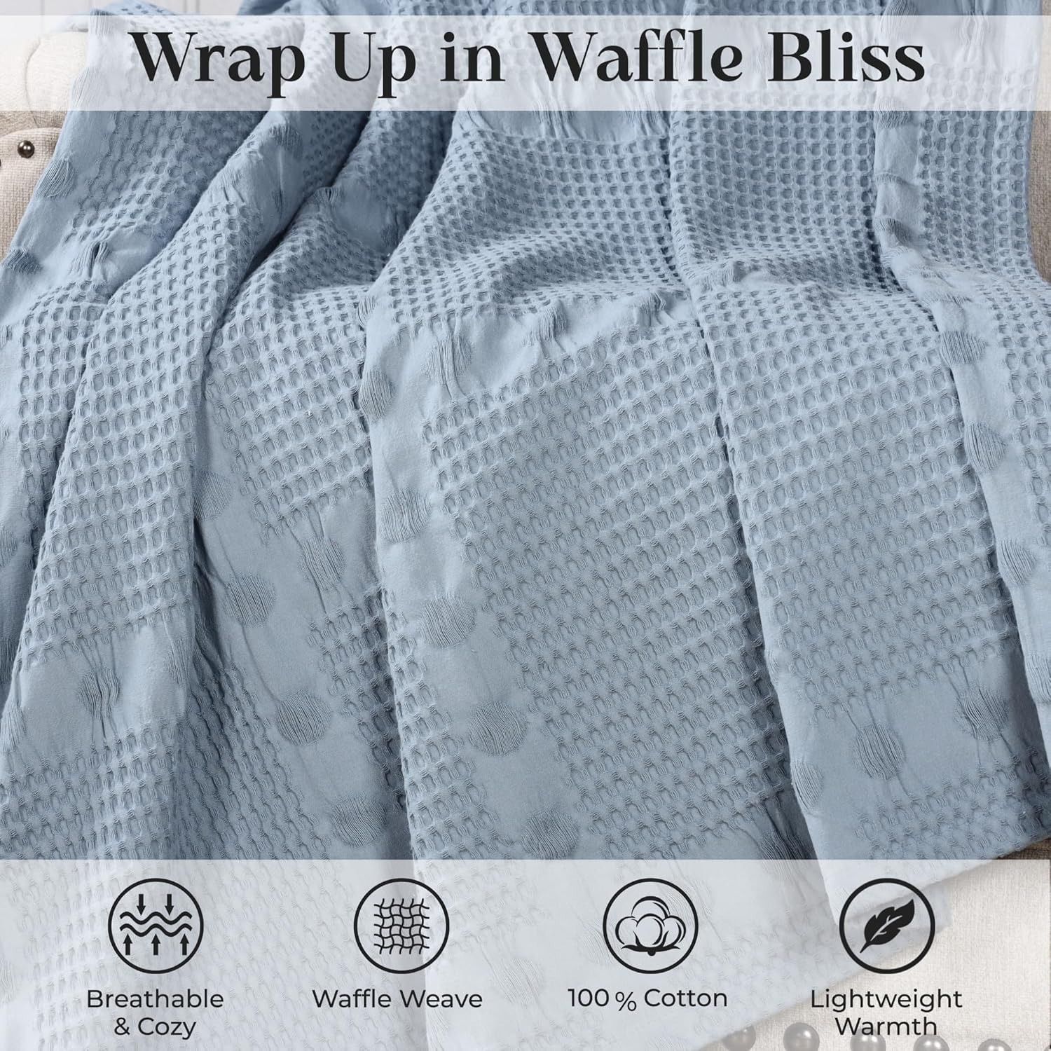 Superior Waffle Weave Cotton Blanket, Comfy Blanket for Bedroom Decor, Picnic, Beach, Traveling, Bedding Essentials, Bed Cover, Couch, Lounging, Geometric, Mai Collection, California King, Light Blue - Image 5