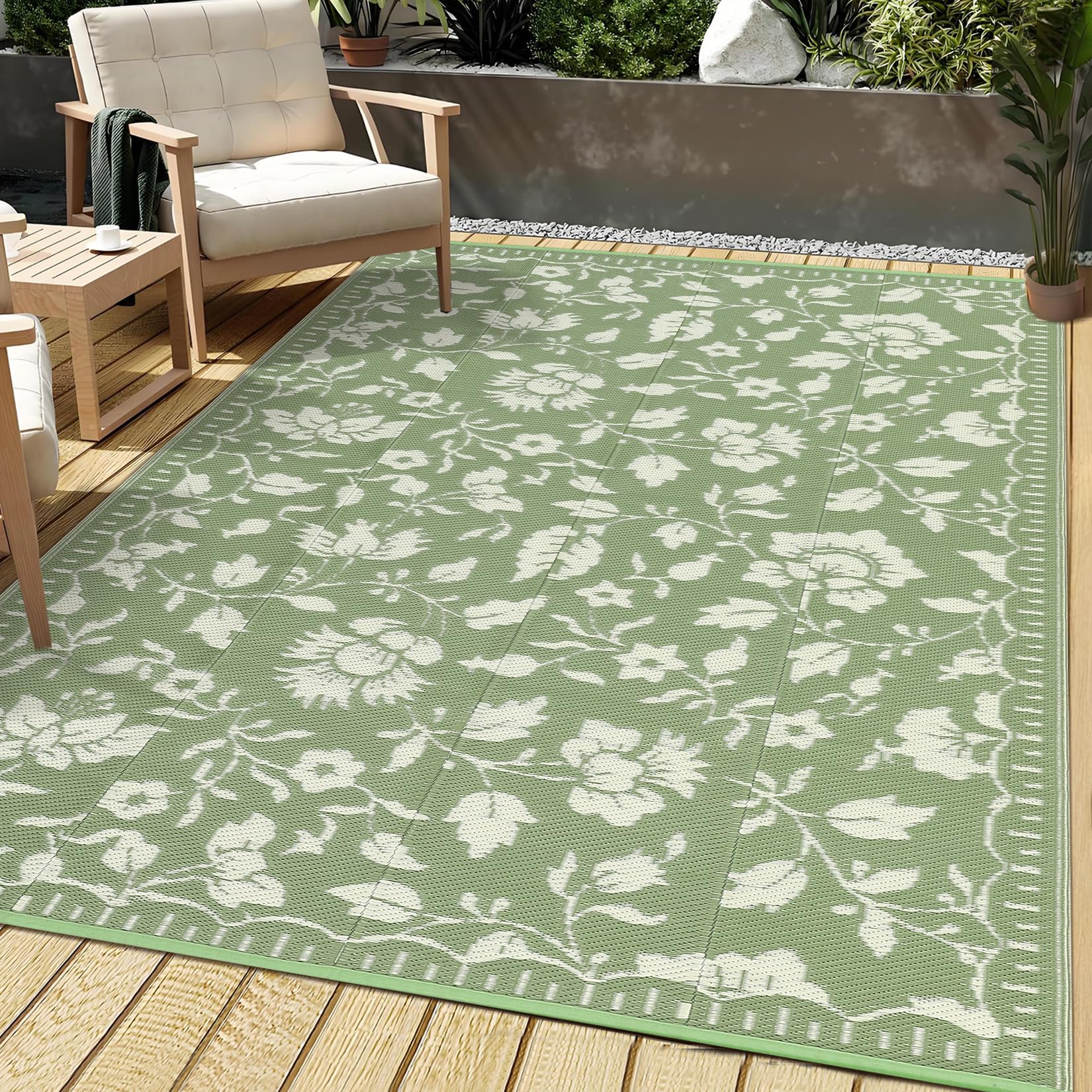 Garvee 5x8 Outdoor Patio Rug, Floral Waterproof Outdoor Rug for Camping with Portable Bag, Vintage Plastic Straw RV Rugs for Outside, Reversible Mats for Picnic Backyard Porch Balcony, Green