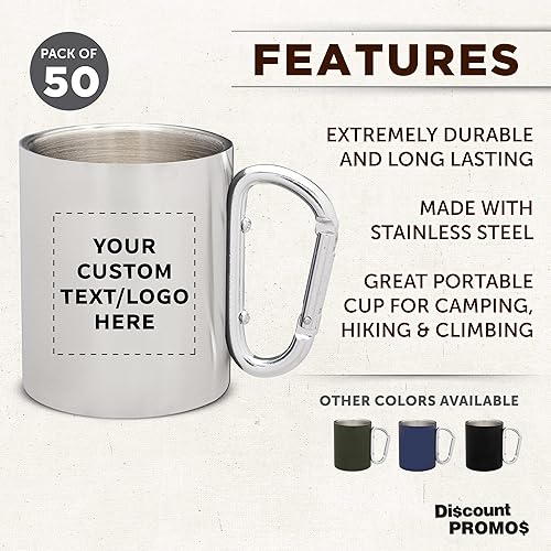 Miniatura 2 de Tazas personalizadas de acero inoxidable con asa de mosquetón, 10 onzas, juego de 50, paquete personalizado a granel, perfectas para café,