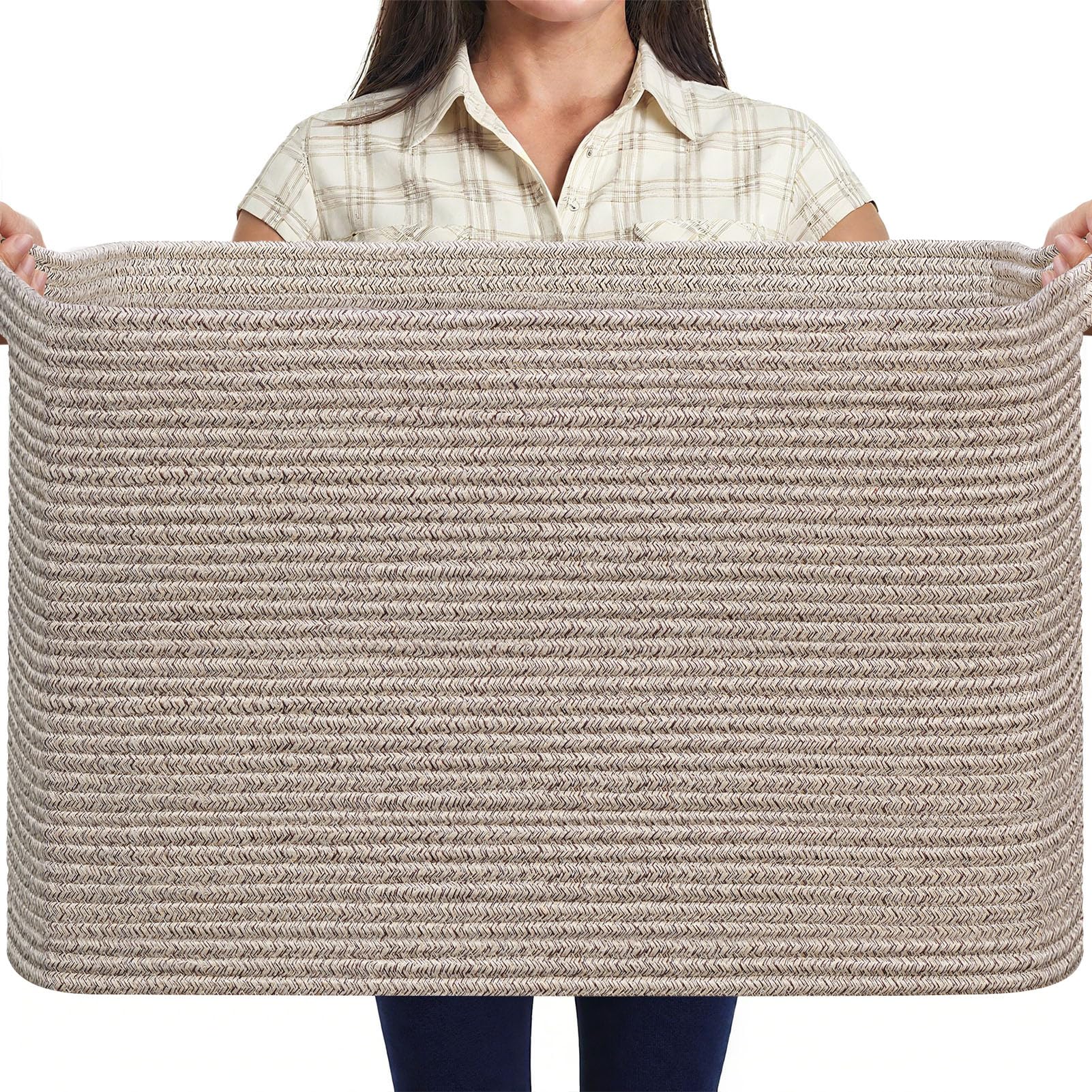 MOLMO Extra Large Woven Storage Basket, 85L Laundry Hamper for Washing, Cotton Rope Bin for Dirty Clothes, Toy Organizer for Kids, Blanket Basket for Living Room(Heathered&Brown)