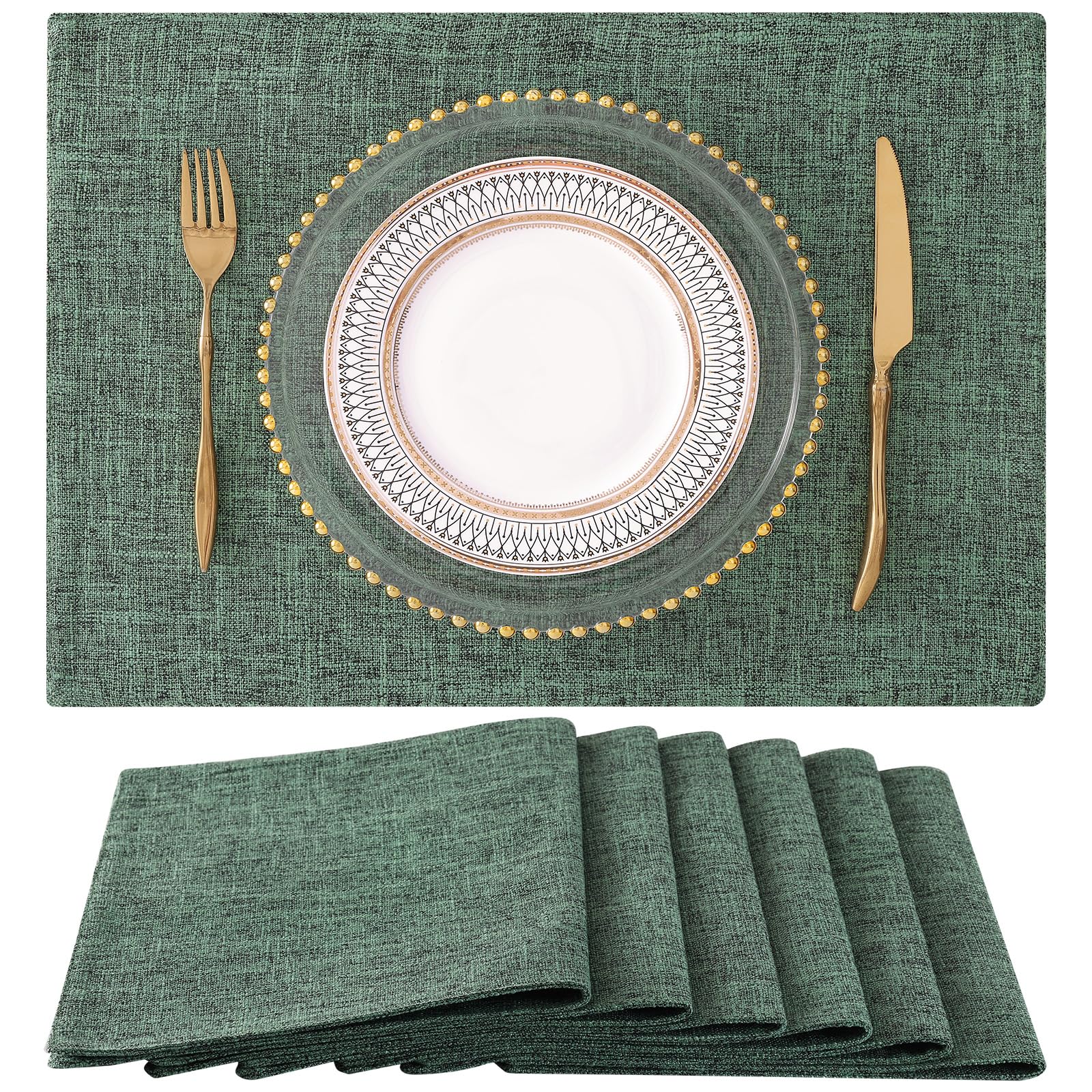 Photo 1 of homing 6-Piece Faux Cotton Linen Placemats, 13" x 19", Green