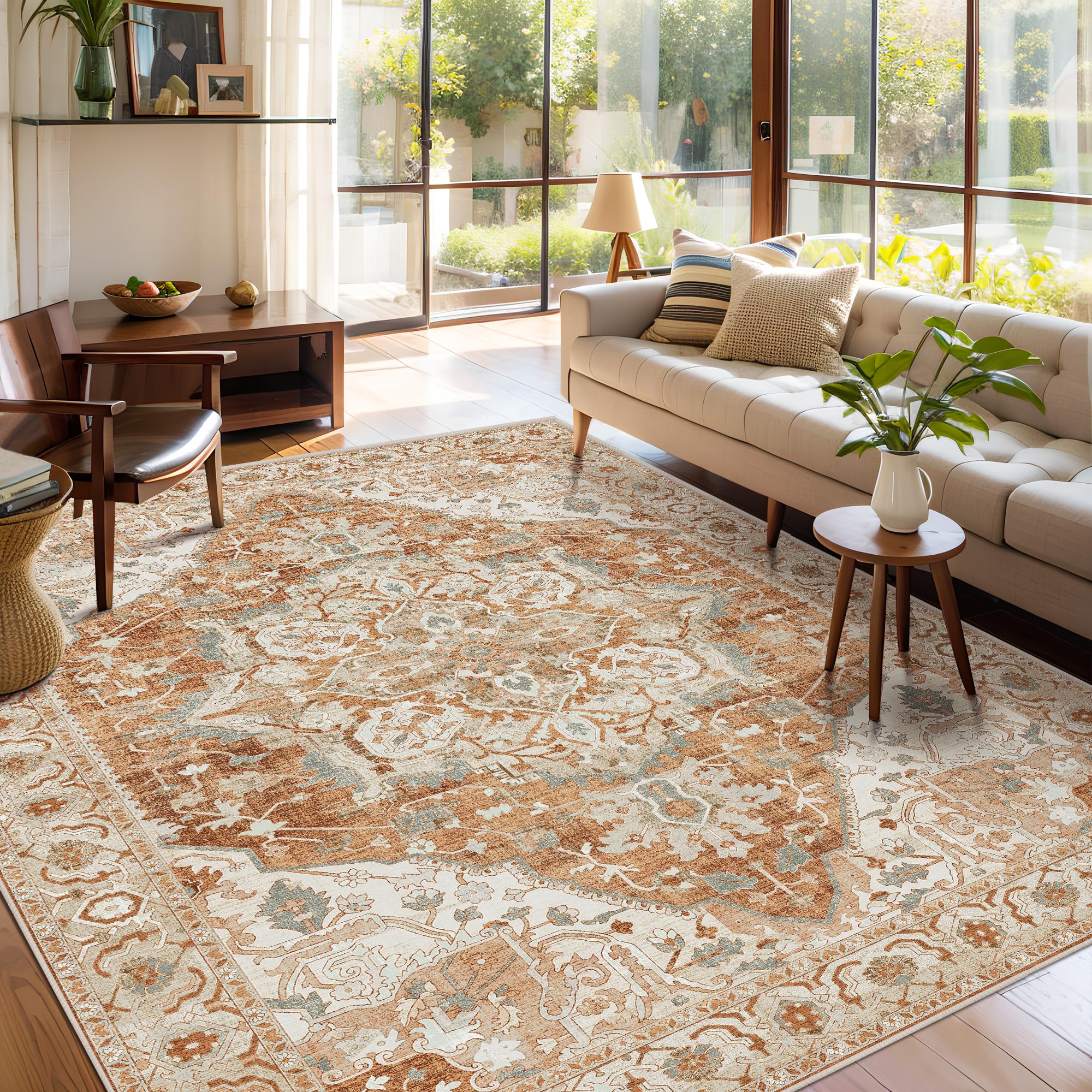 Boho Area Rug 6x9 Washable Large Vintage Rug for Living Room Bedroom Office Kitchen Entrance Dining Room Non Slip Soft Low-Pile Farmhouse, Caramel/