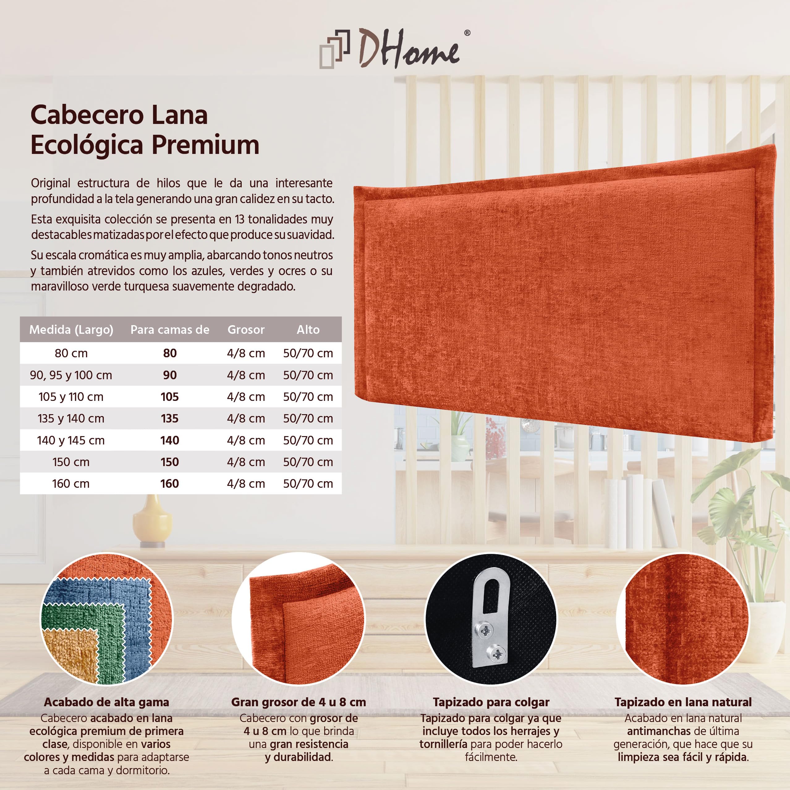 DHOME Cabecero Tapizado de Lana Ecológica Premium con Ribete para Pared Acústicos Absorbentes Cabezal Cama Dormitorio Moderno Top (Naranja, 4cm Gr., 70cm Al., 80cm)