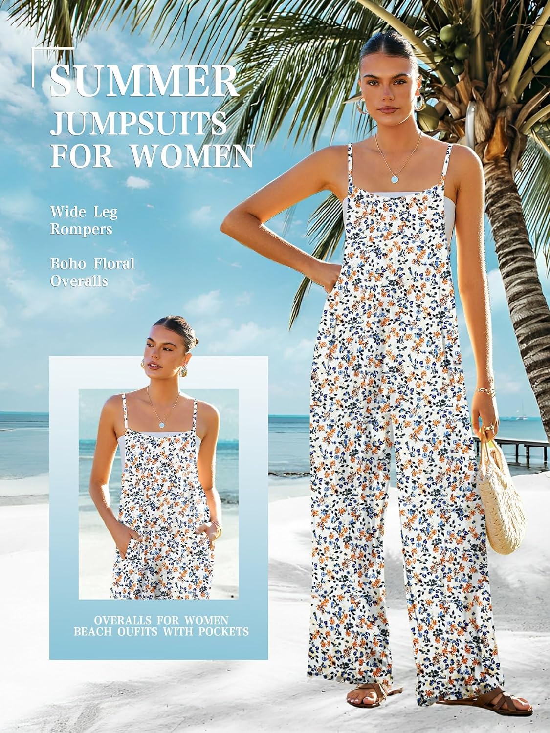 ATOG Women's Summer Jumpsuits Boho Wide Leg Overalls Casual Floral Print Rompers Beach Outfits with Pockets - Image 5