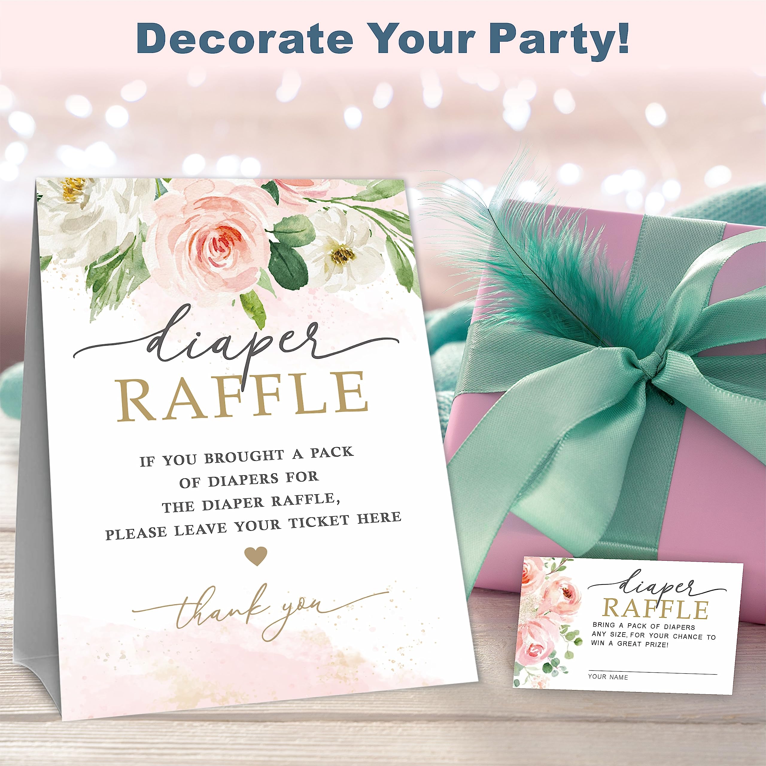 Baby Shower Diaper Raffle Game Kit – Includes 1 Stand & 50 Tickets, Blush Floral Design (Perfect For Gender Reveal, Baby Party)