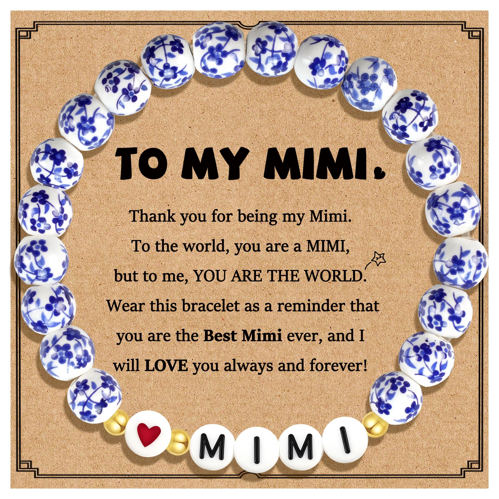 Sereney Mimi/Gigi/Nana/New Mom Gifts, Mimi/Gigi/Nana/New Mom Bracelet as Birthday Gift for Grandmother Great-grandmother Mother-in-law Mama, Bule and White Porcelain Stretch Bead Bracelet for Women