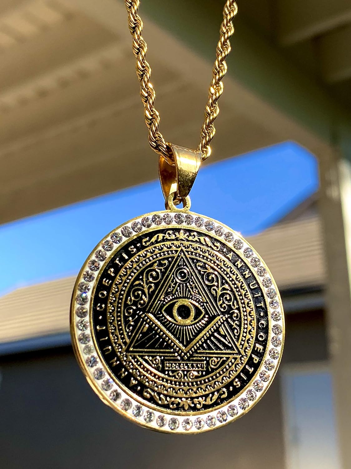 Eye of Providence Men Women 14k Solid Gold Finish Pendant Stainless Steel Real 3 mm Rope Chain Necklace, Mens Jewelry, Iced Pendant, Rope Necklace Prime Delivery
