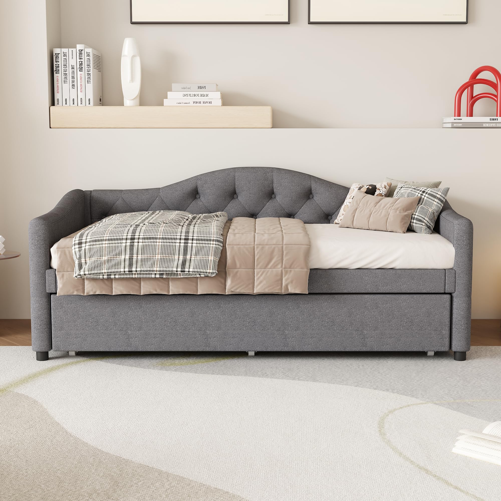 Kebnor 90 x 200 cm, letto con letto estraibile, divano letto, letto singolo (senza materasso), lino, stile minimalista (grigio)
