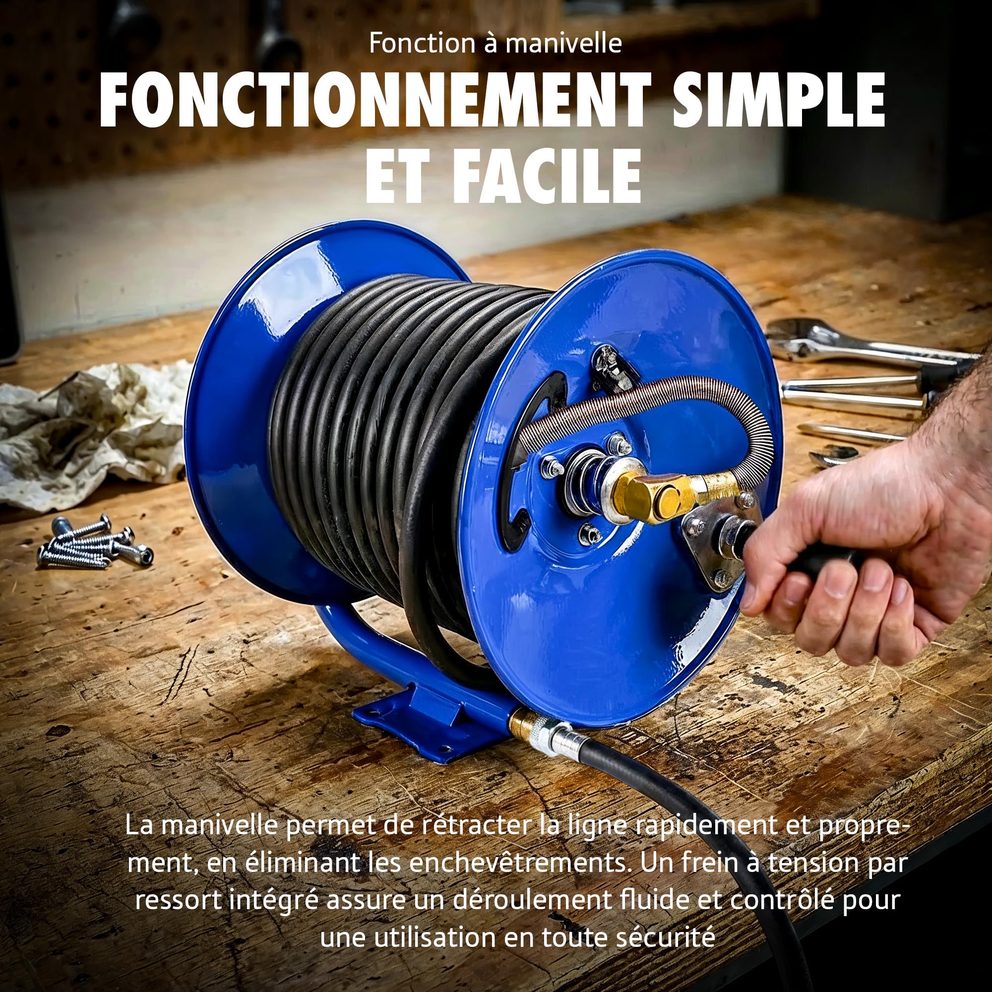Goodyear Enrouleur de tuyau à manivelle, capacité 9,5 mm x 30 m, 20 bar | Rembobinage manuel; conçu pour garage, atelier et espaces industriels; tuyau non inclus