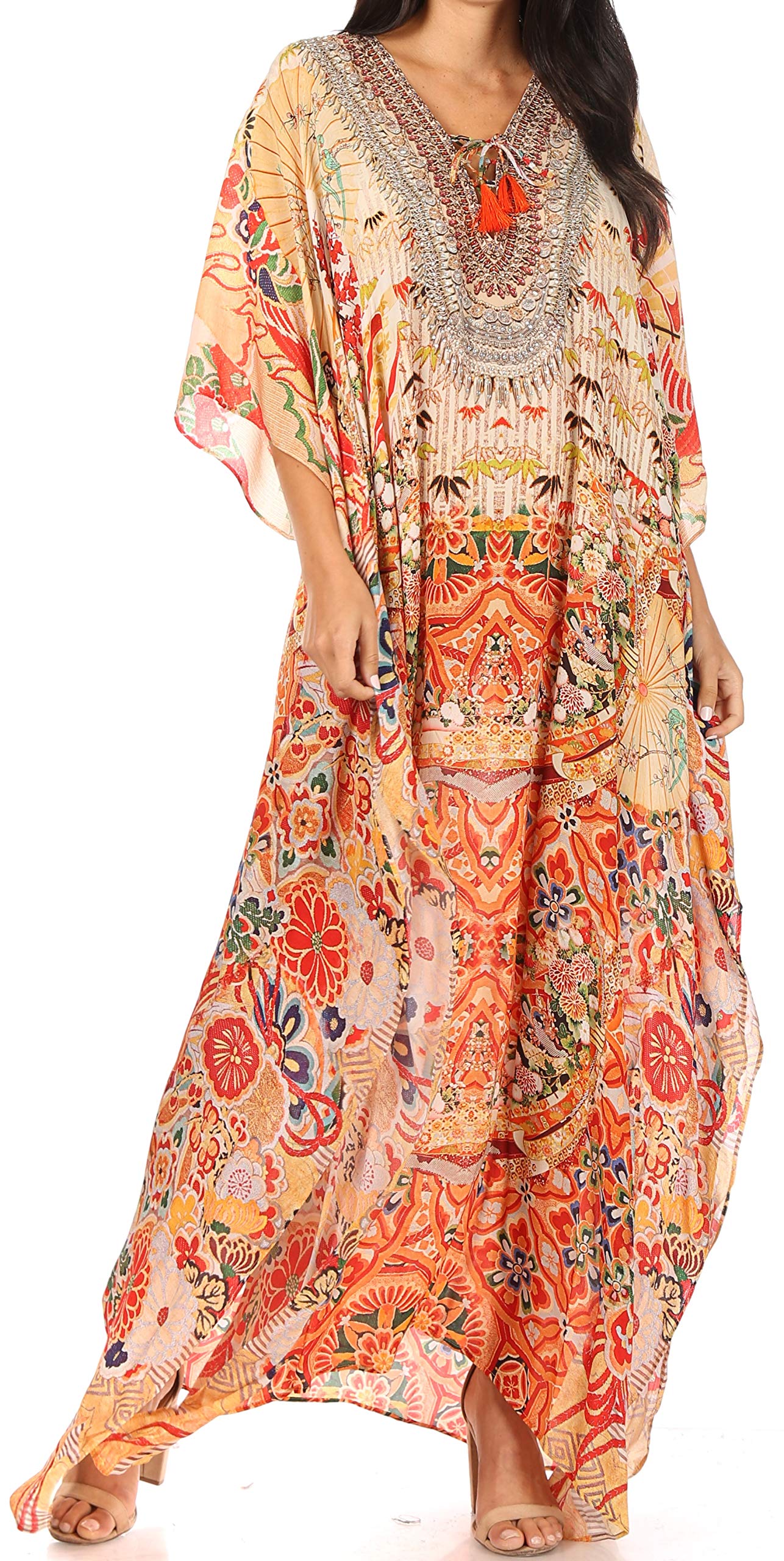 Sakkas Georgettina Flowy Rhinestone V Neck Long Caftan Dress/Cover Up