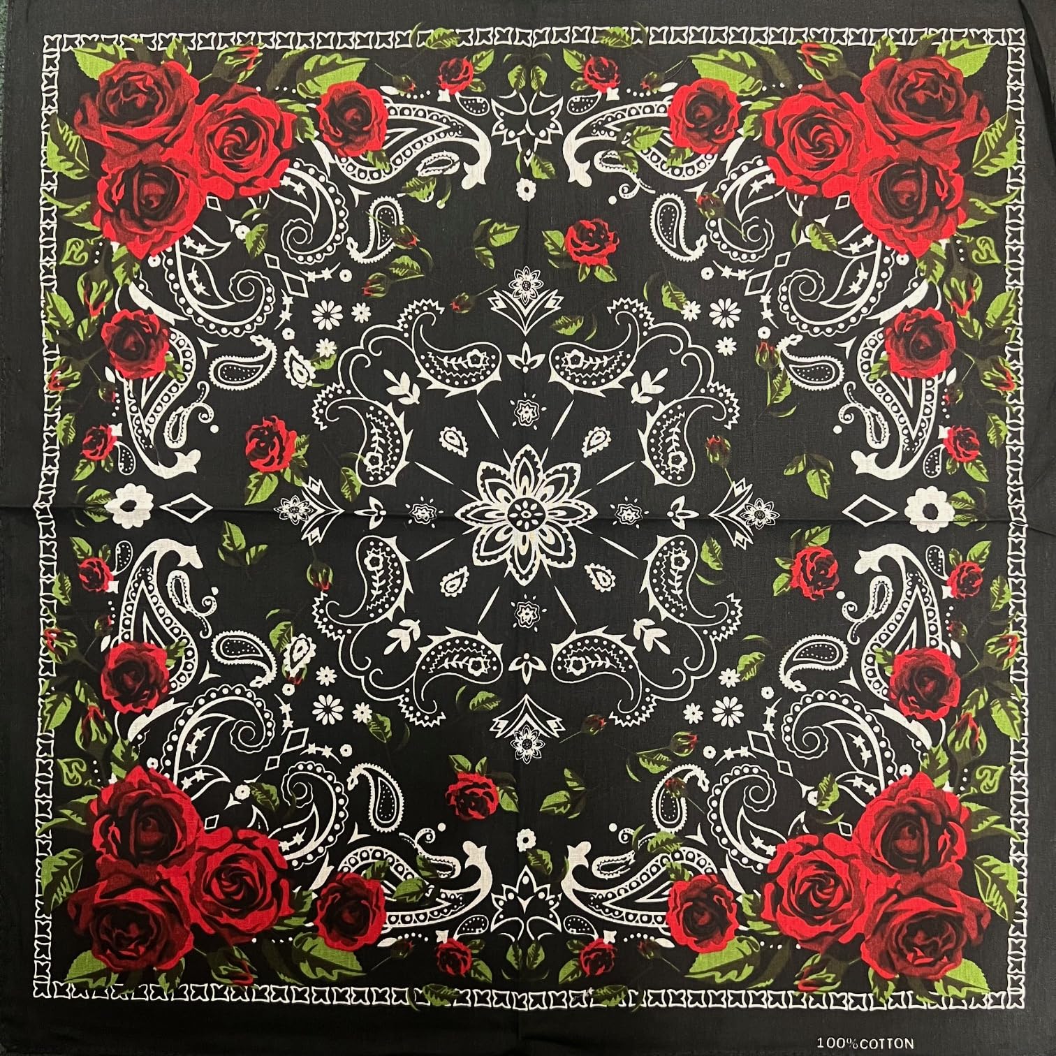 Beautifeye Unisex Black Red Roses Green Floral Paisley Bandana Hair Neck Tie Headscarf Headband Headwrap Gift